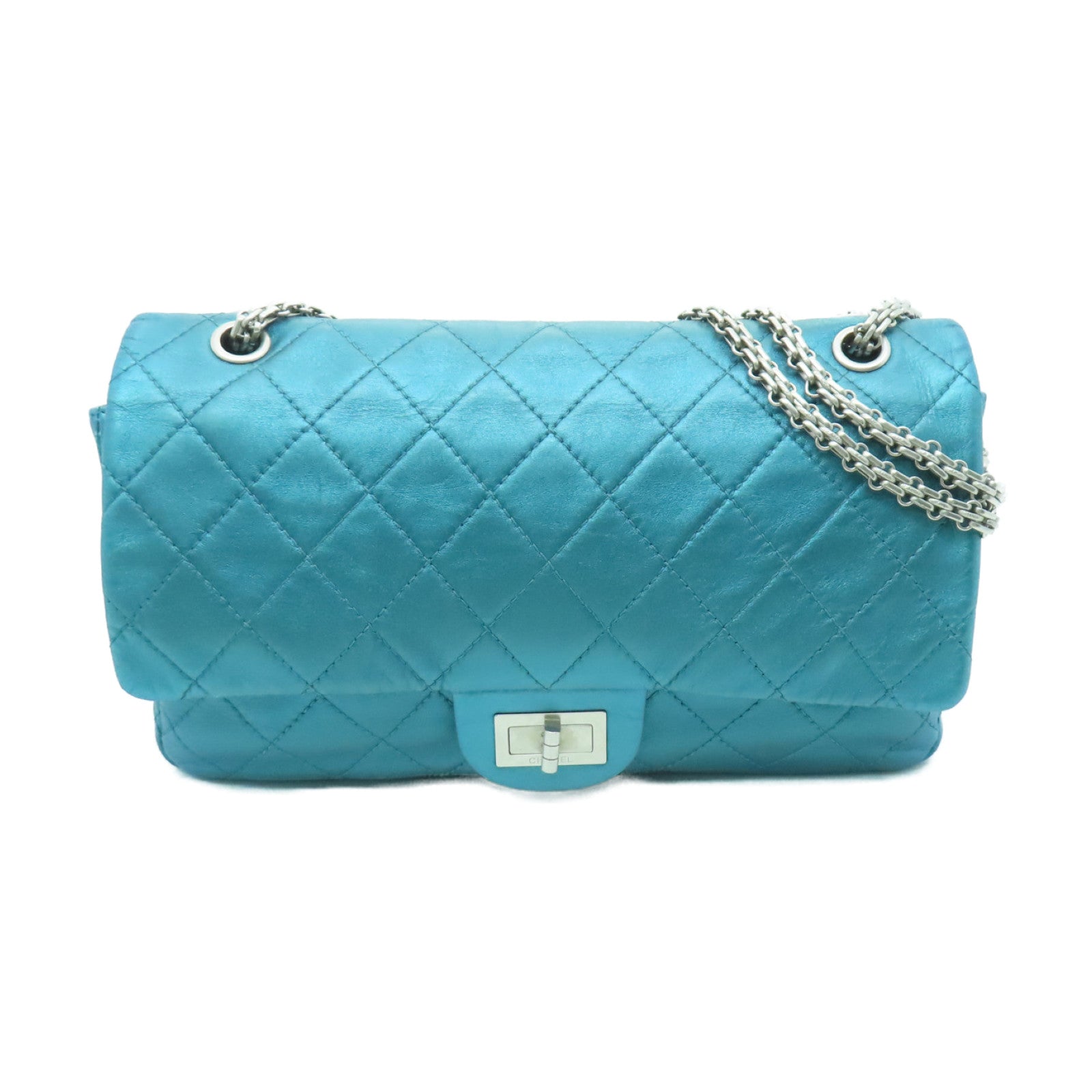 CHANEL **【清倉大減價】菱格牛皮皮革2.55 Classic Bag銀扣鏈帶肩背袋綠色