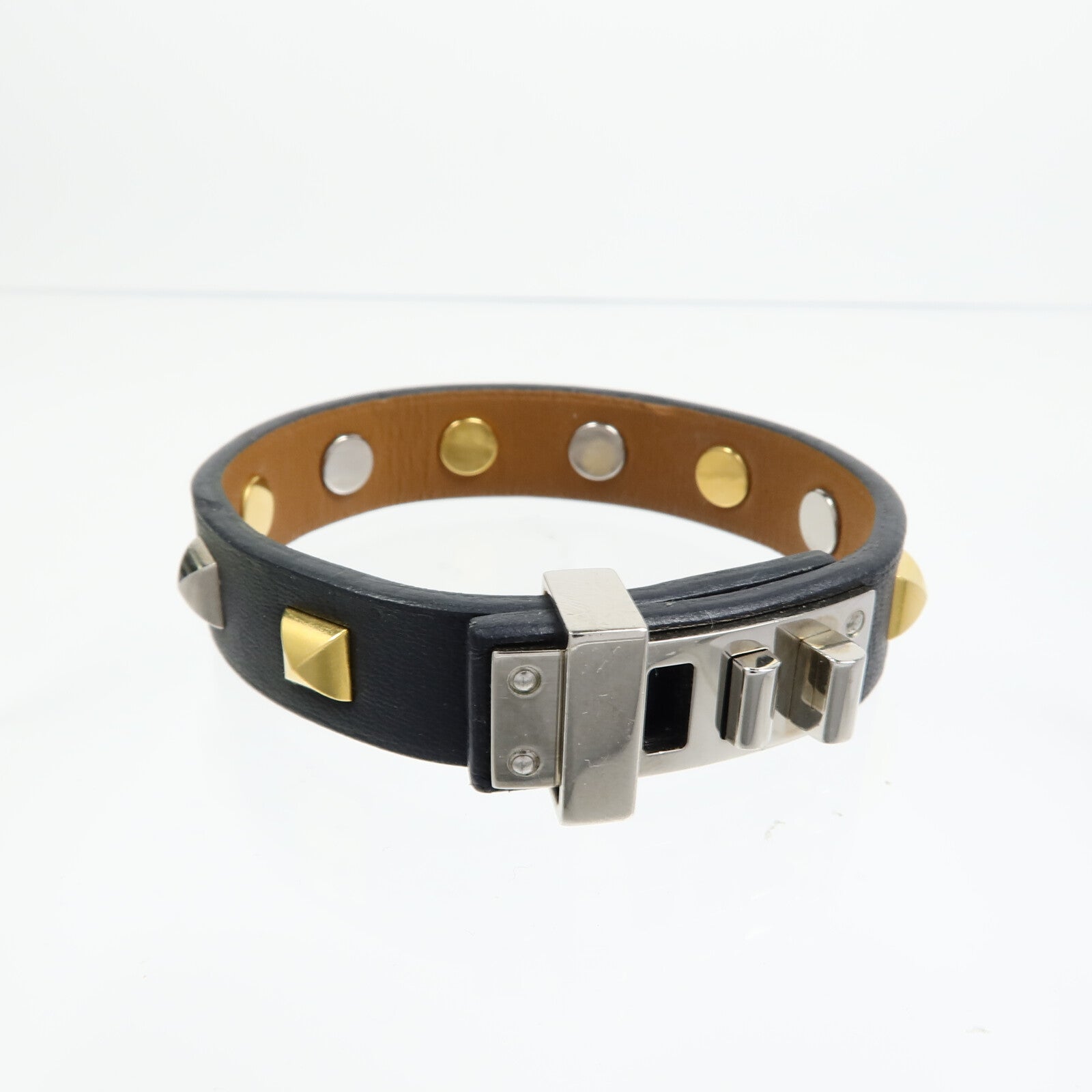 HERMES 金屬/Swift皮革Mini Dog Clous Ronds Bracelet手鐲Noir