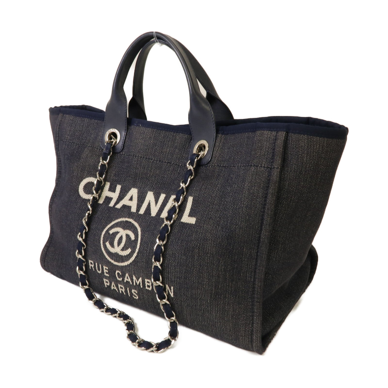 CHANEL 牛仔布Deauville Tote銀扣手挽肩背兩用袋深藍色