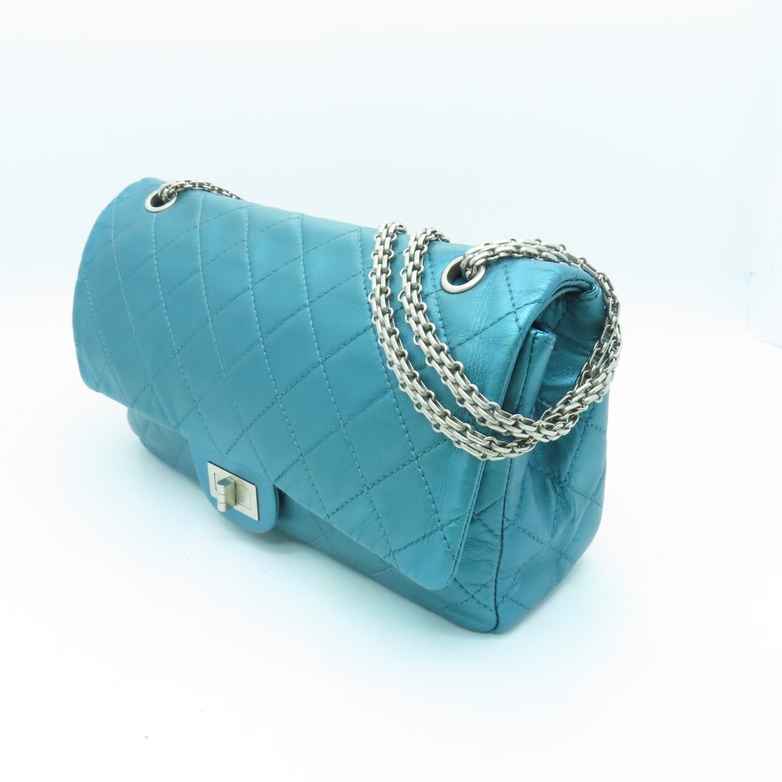 CHANEL **【清倉大減價】菱格牛皮皮革2.55 Classic Bag銀扣鏈帶肩背袋綠色