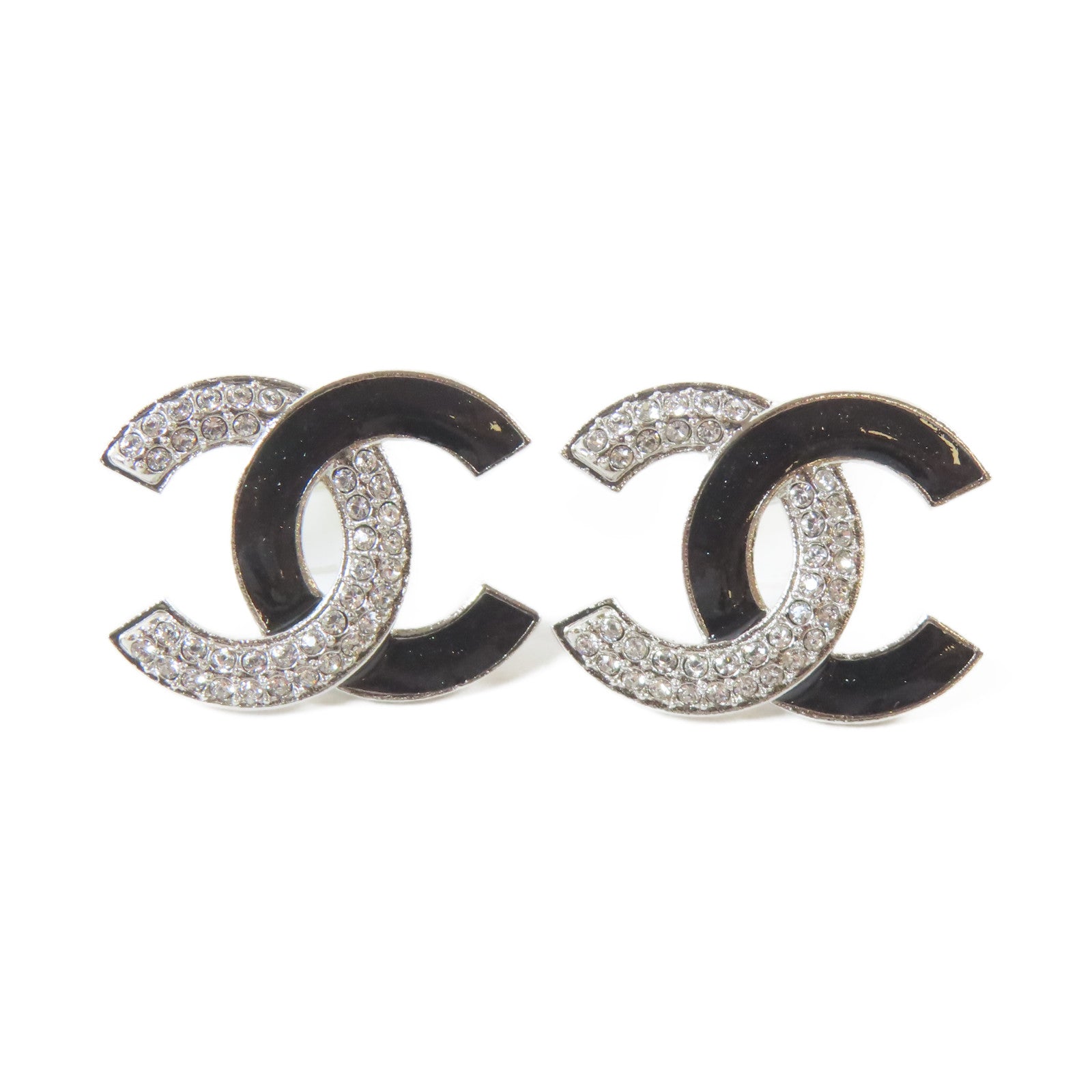 CHANEL 金屬/水晶Pierced Earrings耳環黑色/銀色