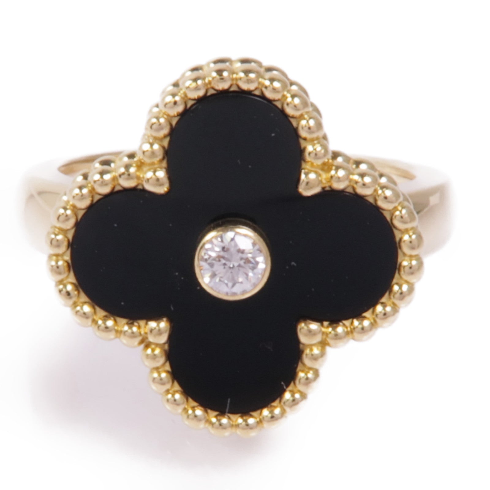 Van Cleef & Arpels 18K黃金Vintage Alhambra Ring縞瑪瑙/鑽石戒指#51/US#5.5