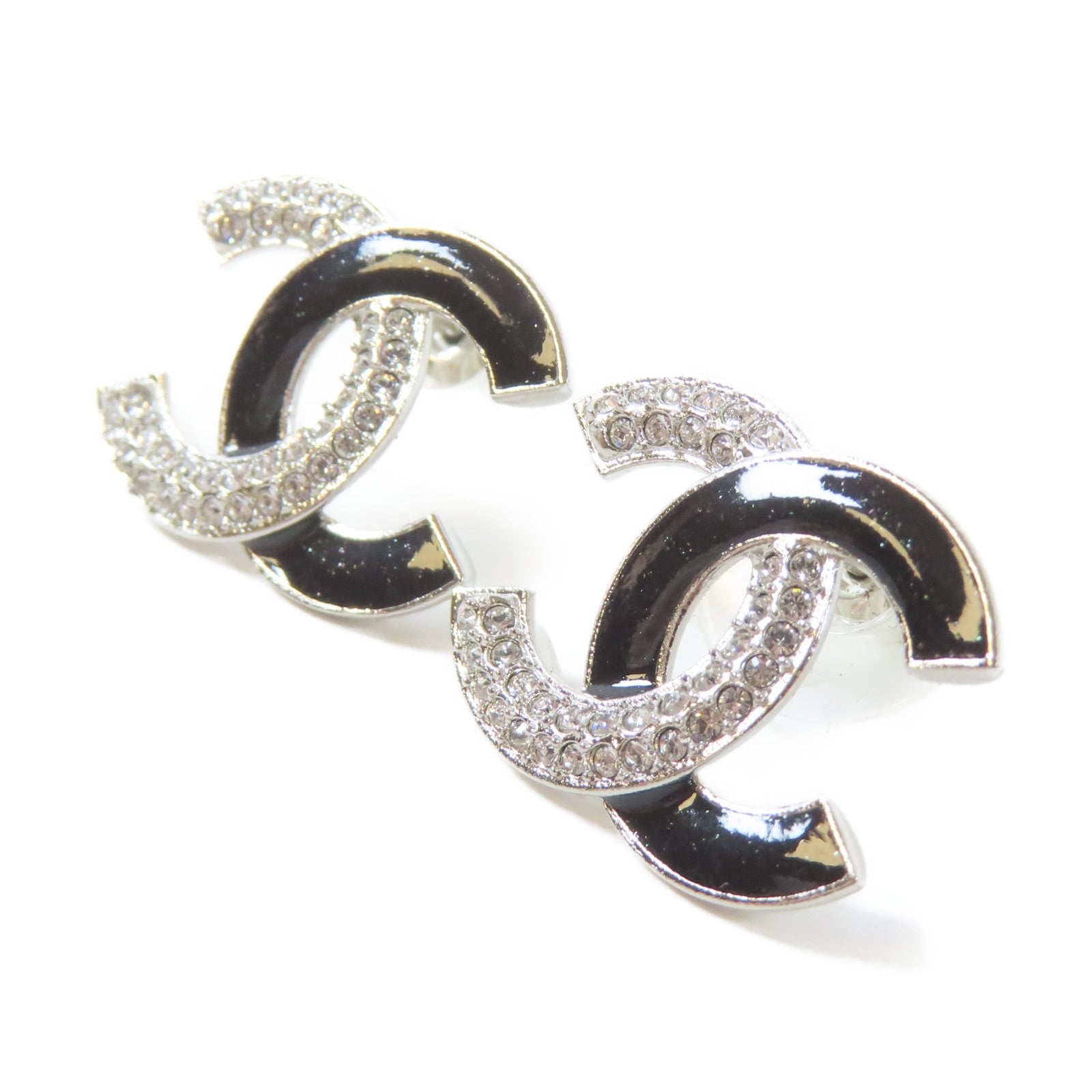 CHANEL 金屬/水晶Pierced Earrings耳環黑色/銀色