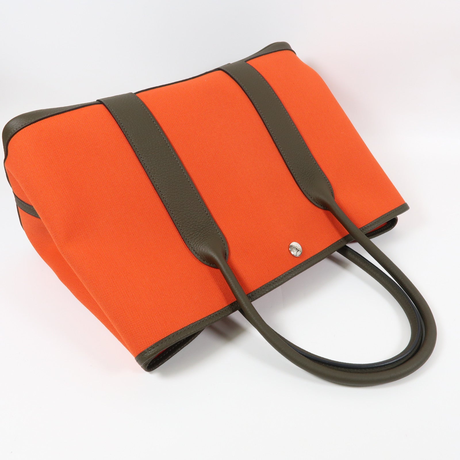 HERMES 帆布GardenParty PM銀扣手挽袋橙色