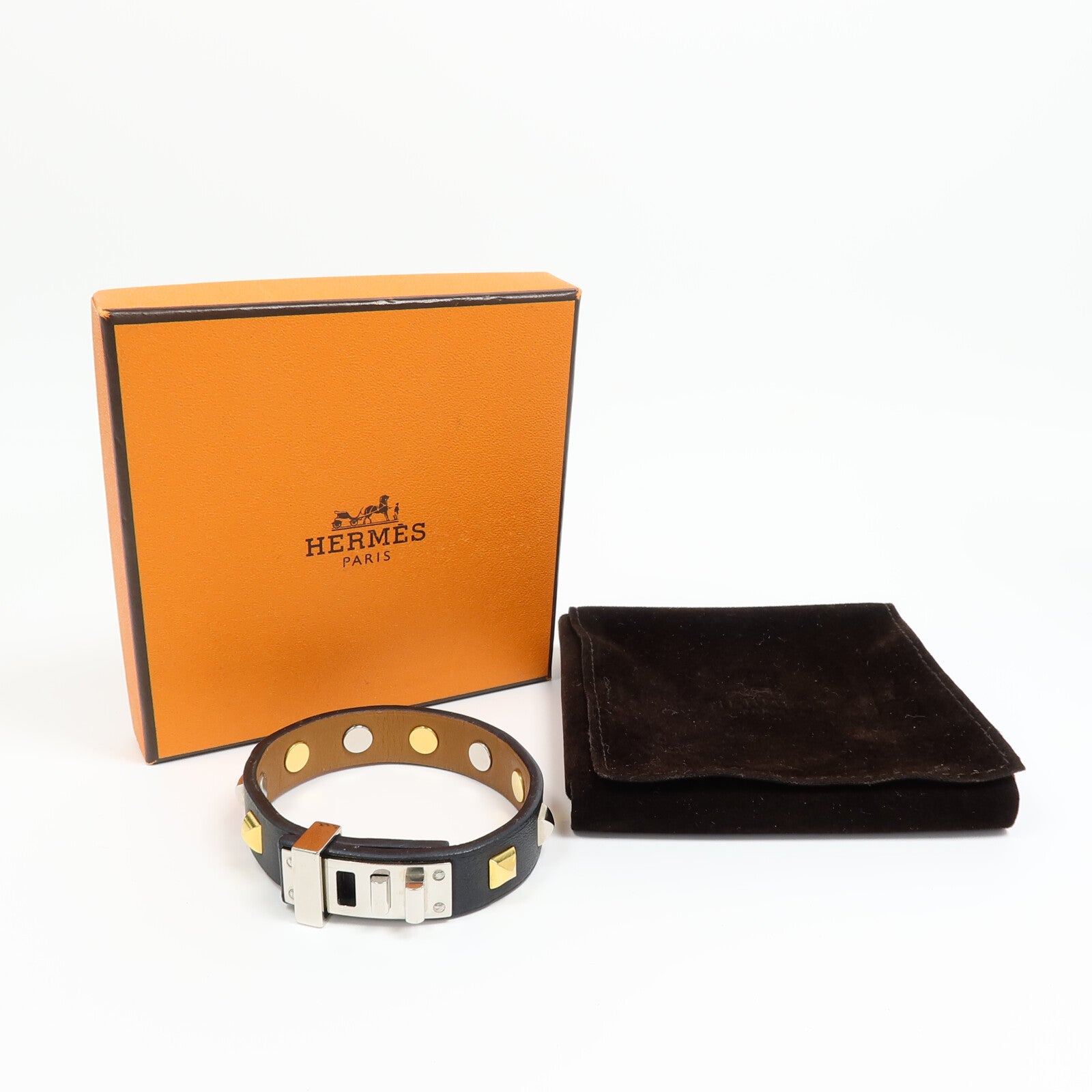 HERMES 金屬/Swift皮革Mini Dog Clous Ronds Bracelet手鐲Noir