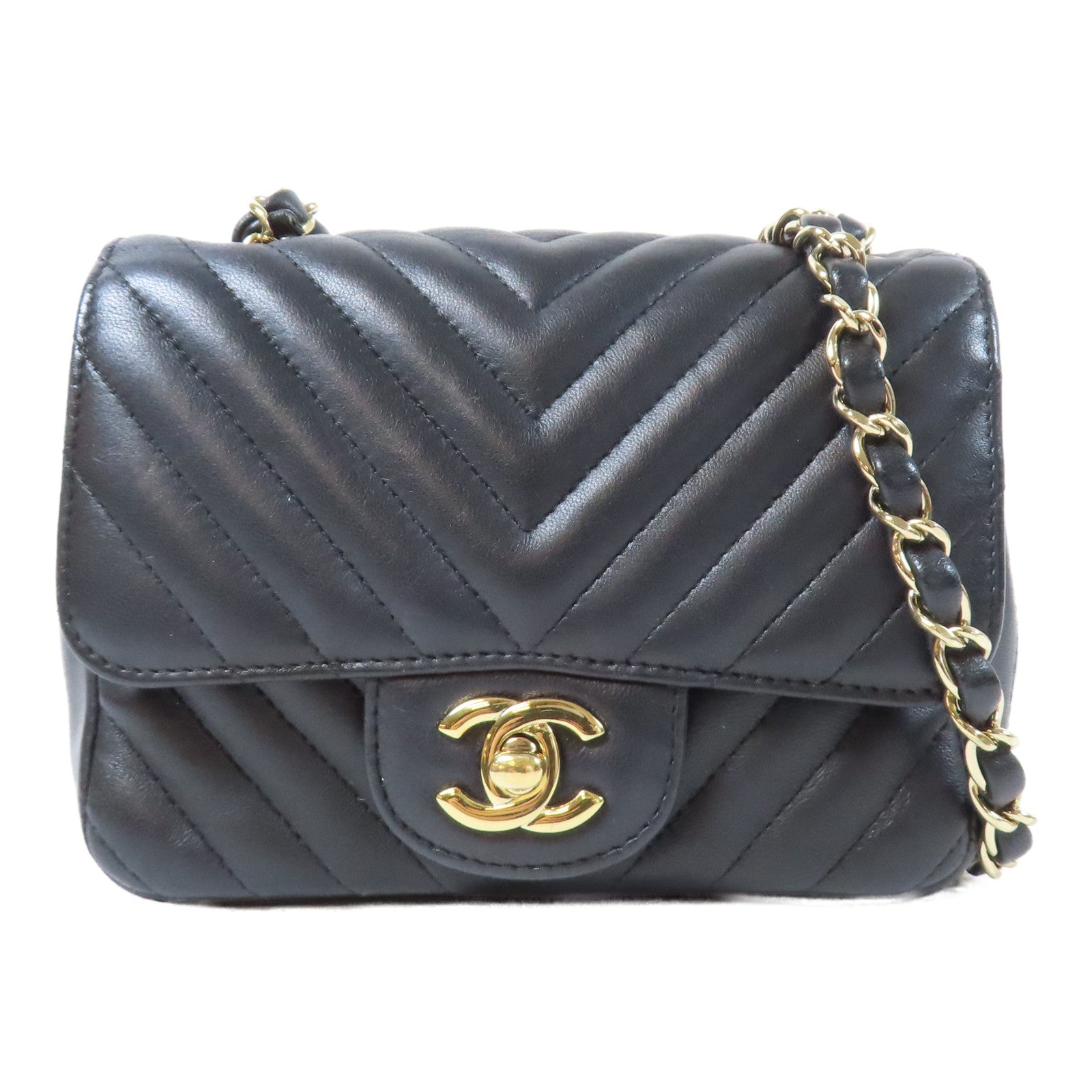 CHANEL 斜紋牛皮皮革Chevron Mini Flap Bag金扣鏈帶肩背袋黑色