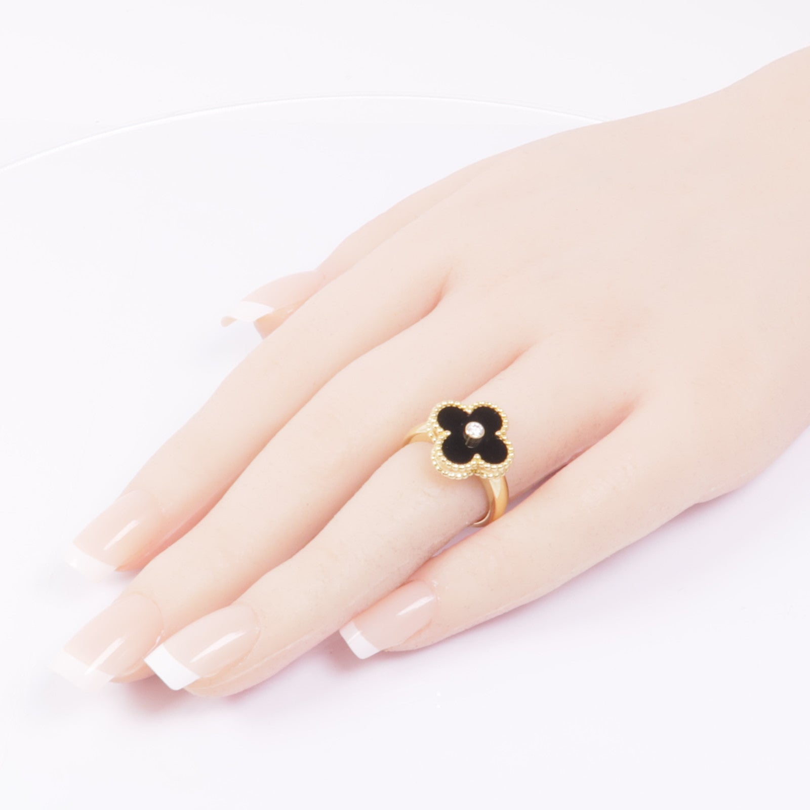 Van Cleef & Arpels 18K黃金Vintage Alhambra Ring縞瑪瑙/鑽石戒指#51/US#5.5