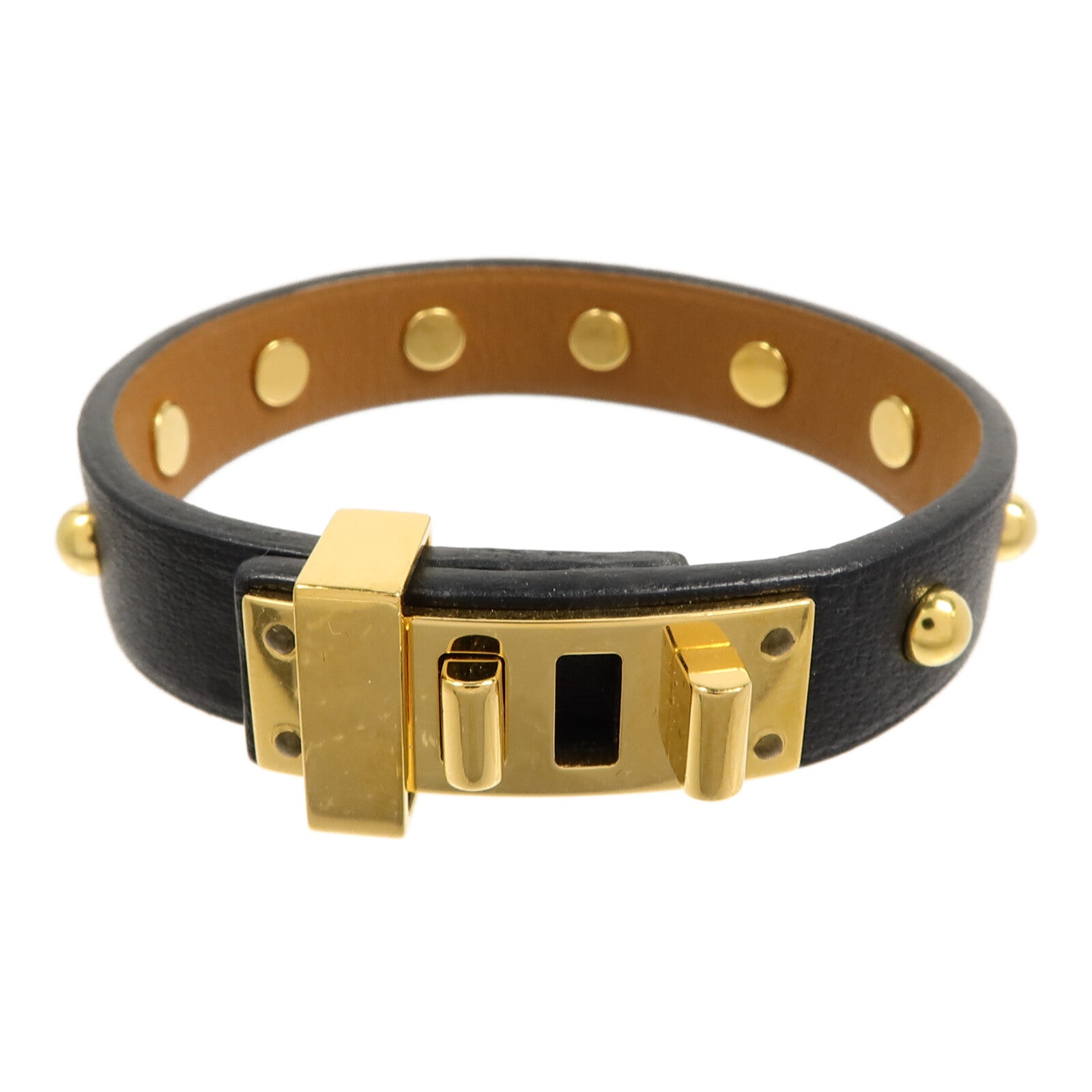 HERMES 金屬/Swift皮革Mini Dog Clous Ronds Bracelet手鐲89 Noir
