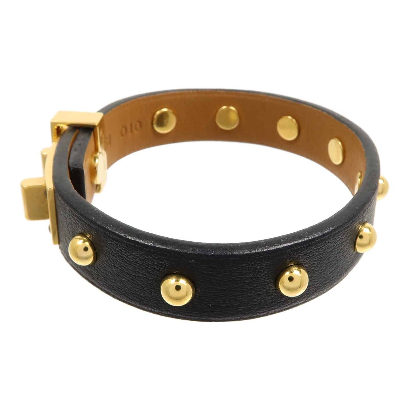 HERMES 金屬/Swift皮革Mini Dog Clous Ronds Bracelet手鐲89 Noir