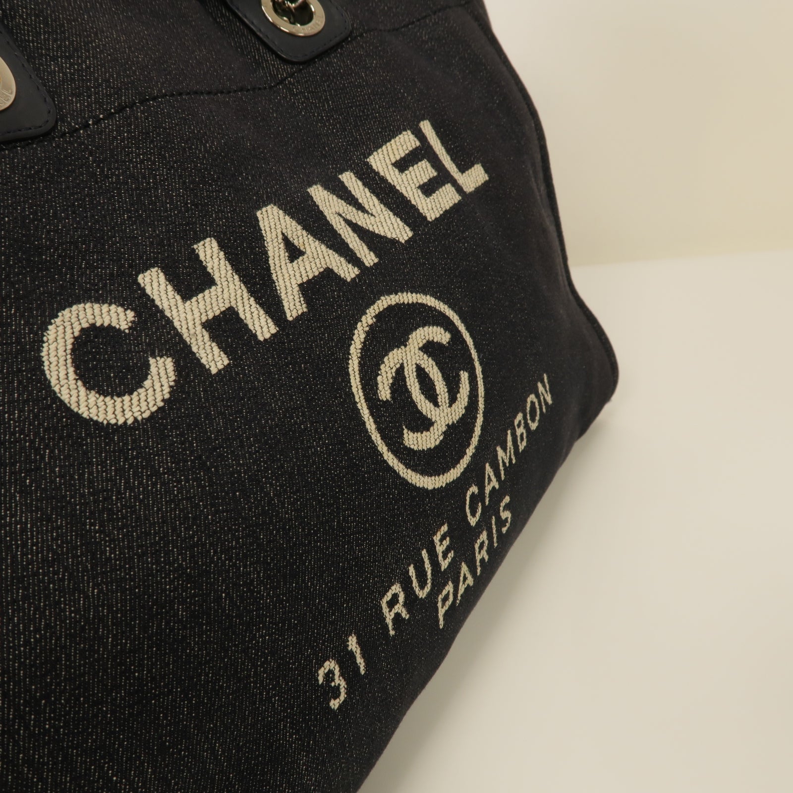 CHANEL 牛仔布Deauville Tote銀扣手挽肩背兩用袋深藍色