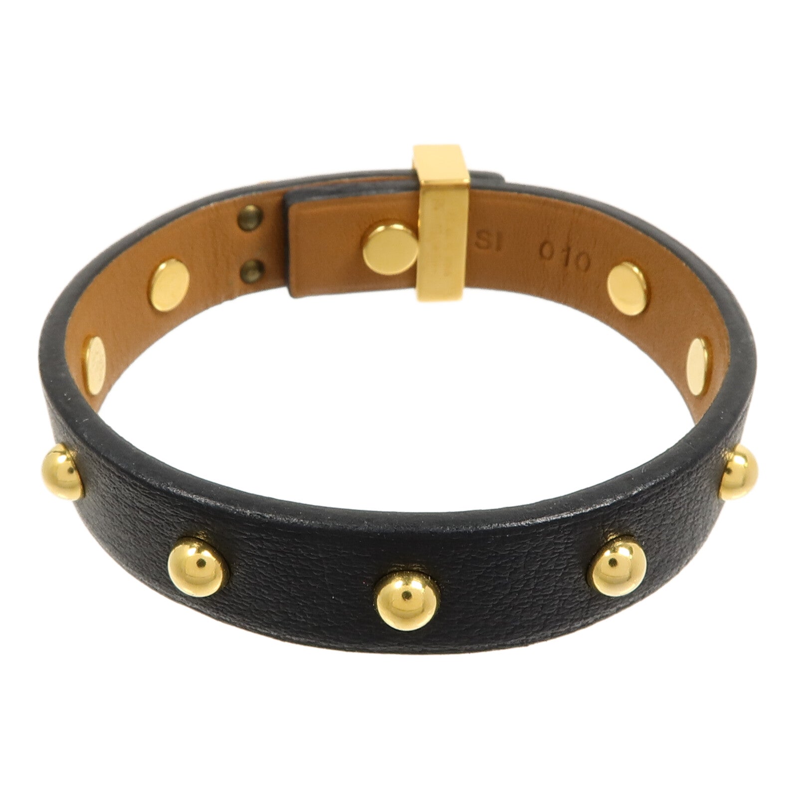 HERMES 金屬/Swift皮革Mini Dog Clous Ronds Bracelet手鐲89 Noir