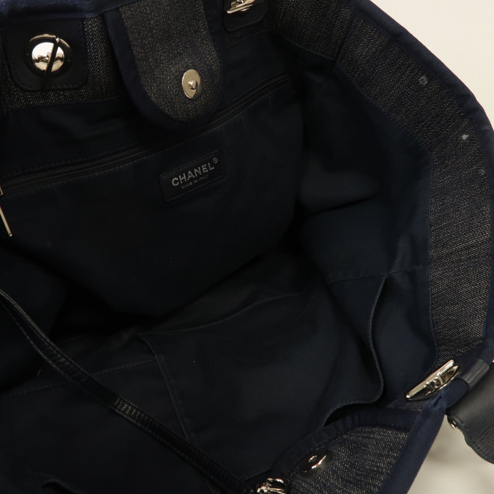 CHANEL 牛仔布Deauville Tote銀扣手挽肩背兩用袋深藍色