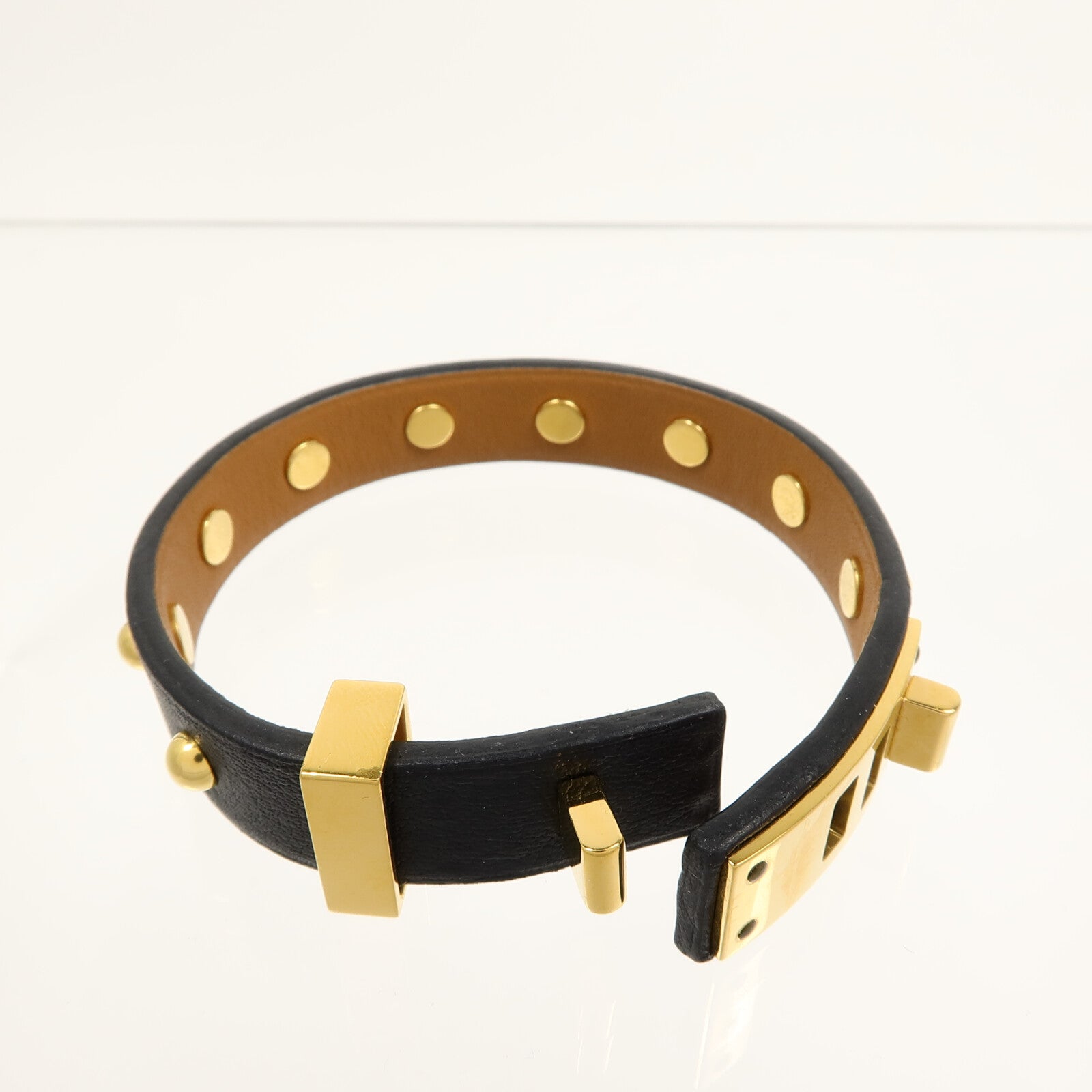 HERMES 金屬/Swift皮革Mini Dog Clous Ronds Bracelet手鐲89 Noir