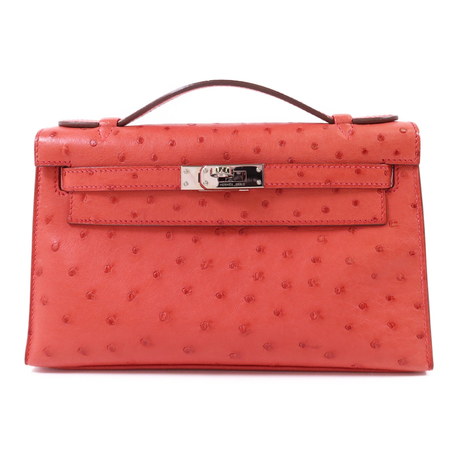 HERMES 鴕鳥皮革Kelly Pochette銀扣手挽袋