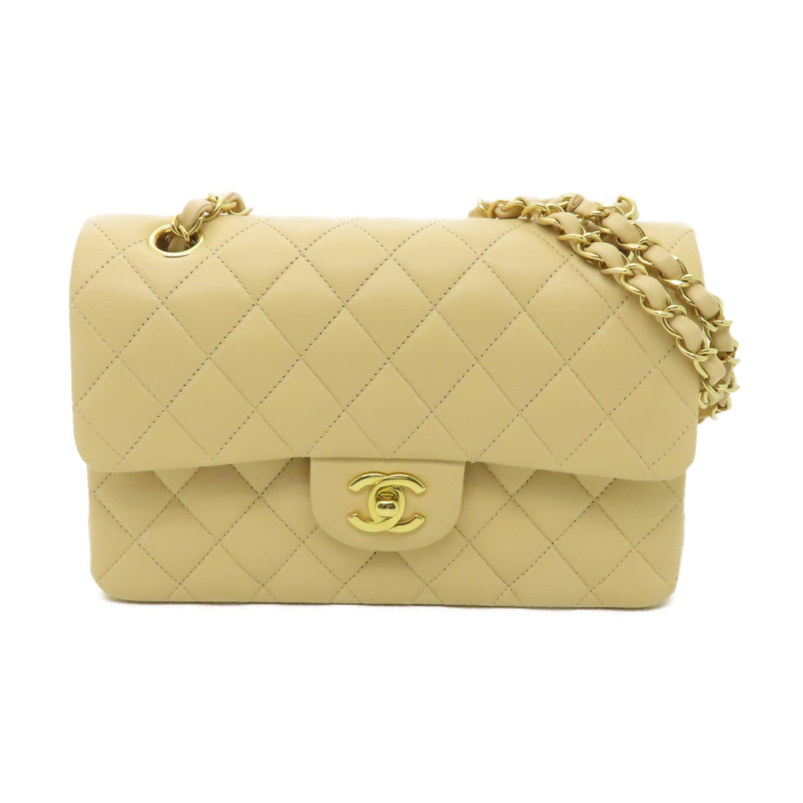 CHANEL 【清倉大減價】菱格羊皮皮革Classic 23金扣鏈帶肩背袋米色