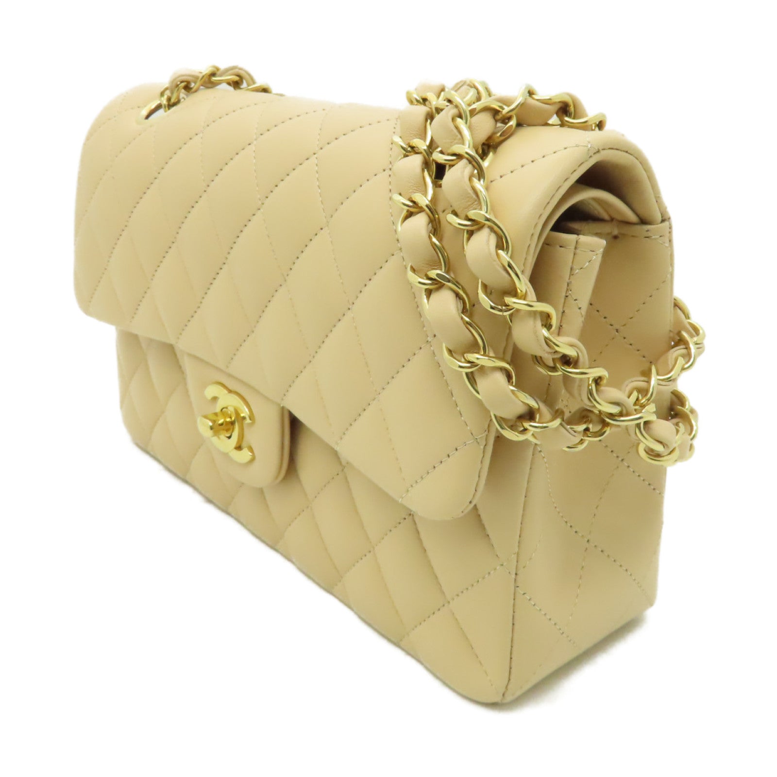 CHANEL 【清倉大減價】菱格羊皮皮革Classic 23金扣鏈帶肩背袋米色
