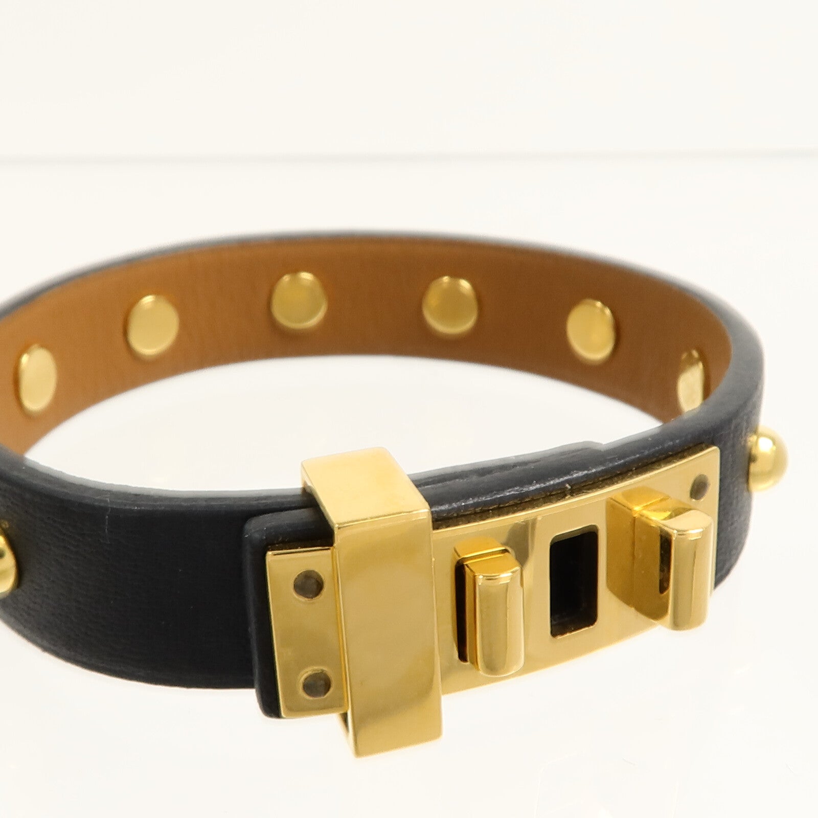 HERMES 金屬/Swift皮革Mini Dog Clous Ronds Bracelet手鐲89 Noir