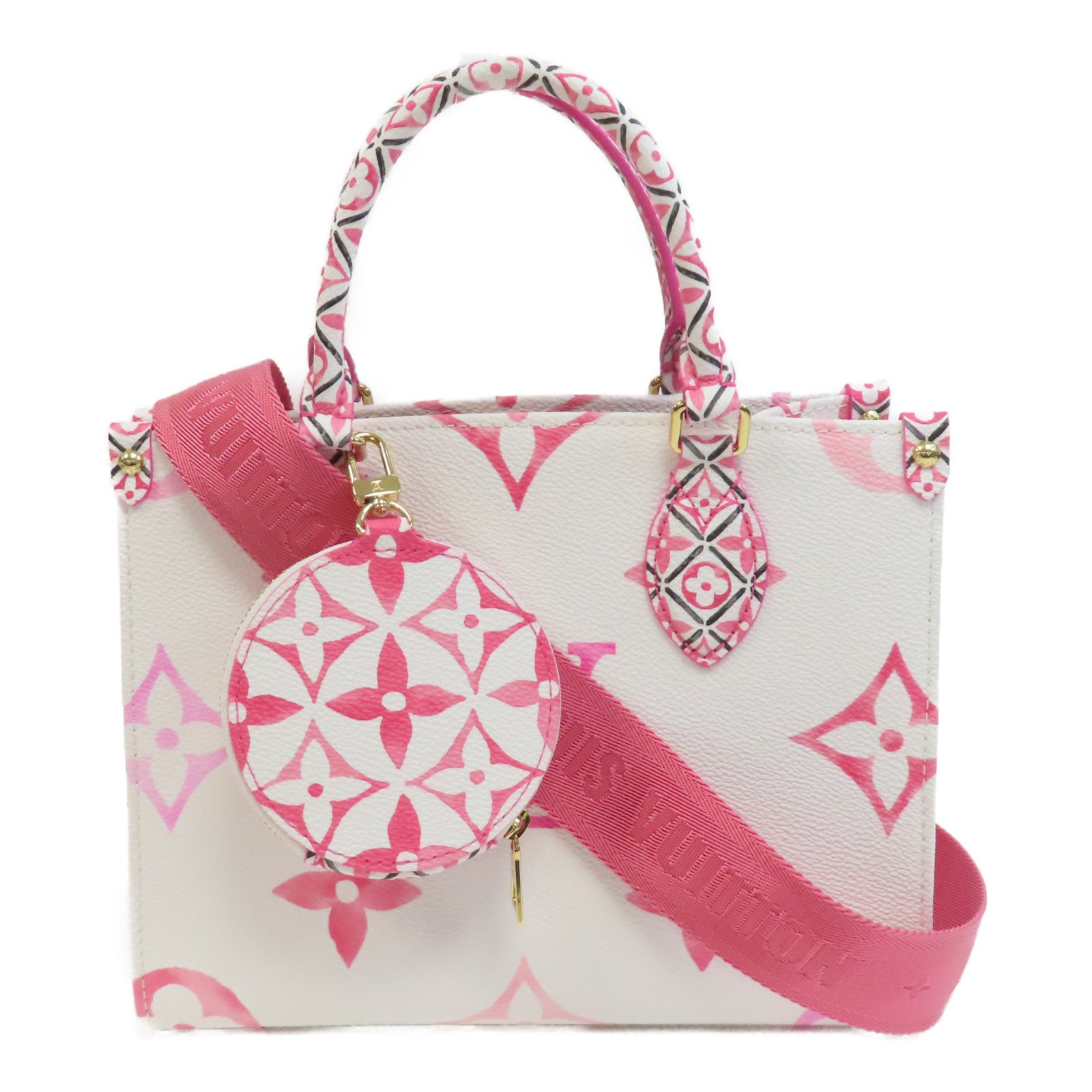 LOUIS VUITTON Monogram Giant On The GO金扣手挽肩背兩用袋白色/粉紅色