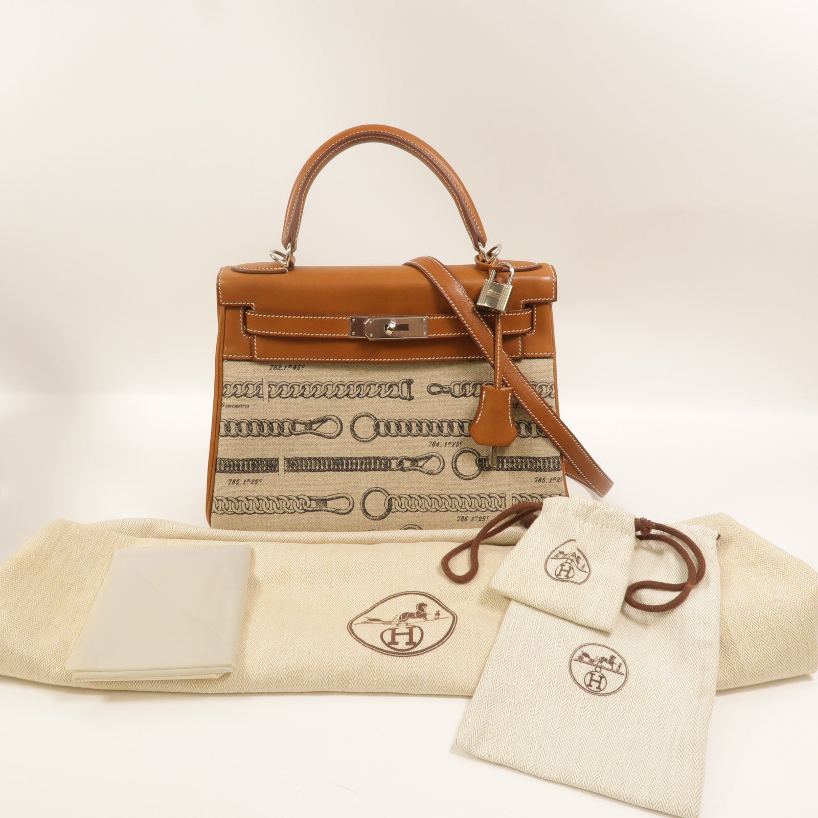 HERMES Toile帆布/Barenia皮革Kelly 28手挽肩背兩用袋Fauve