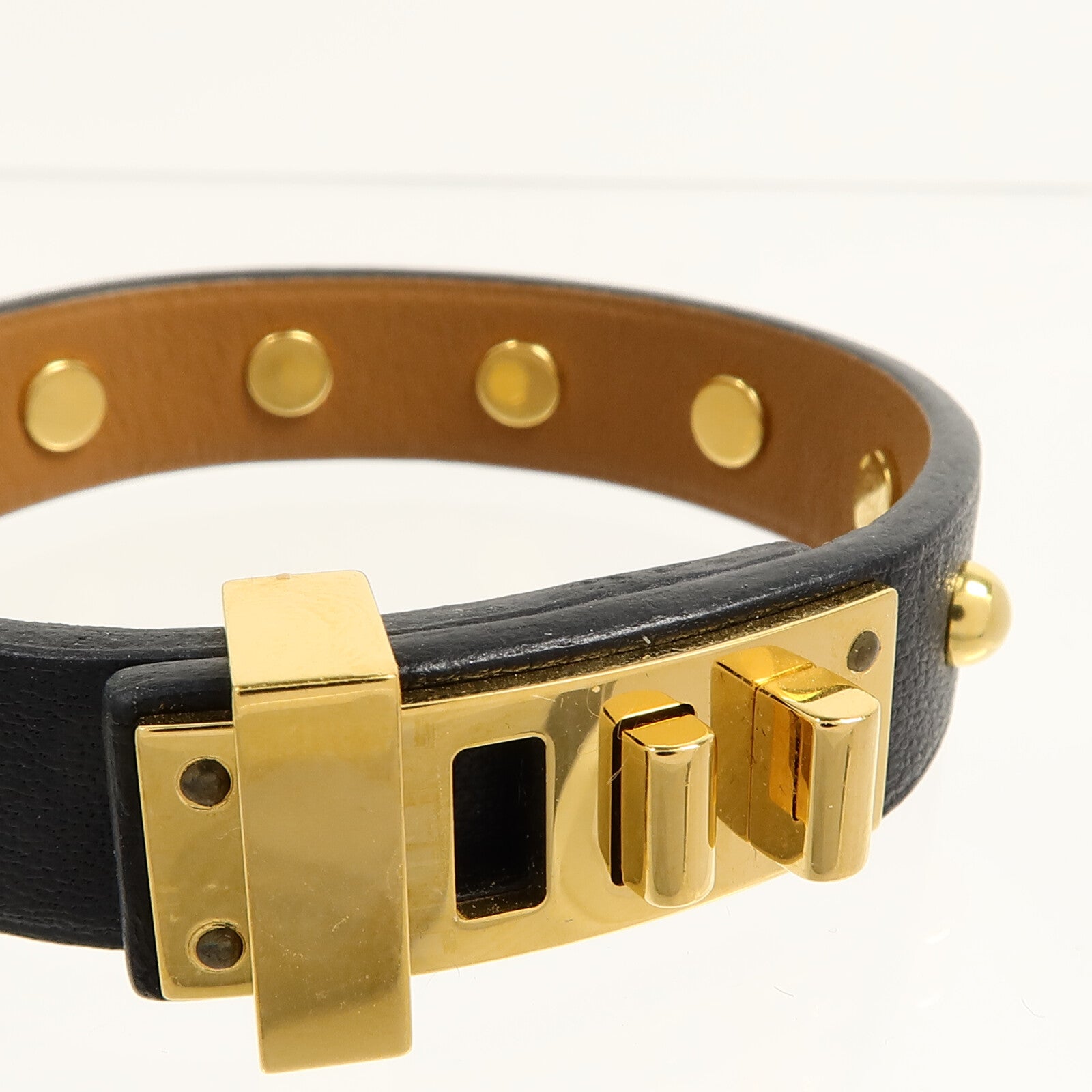 HERMES 金屬/Swift皮革Mini Dog Clous Ronds Bracelet手鐲89 Noir