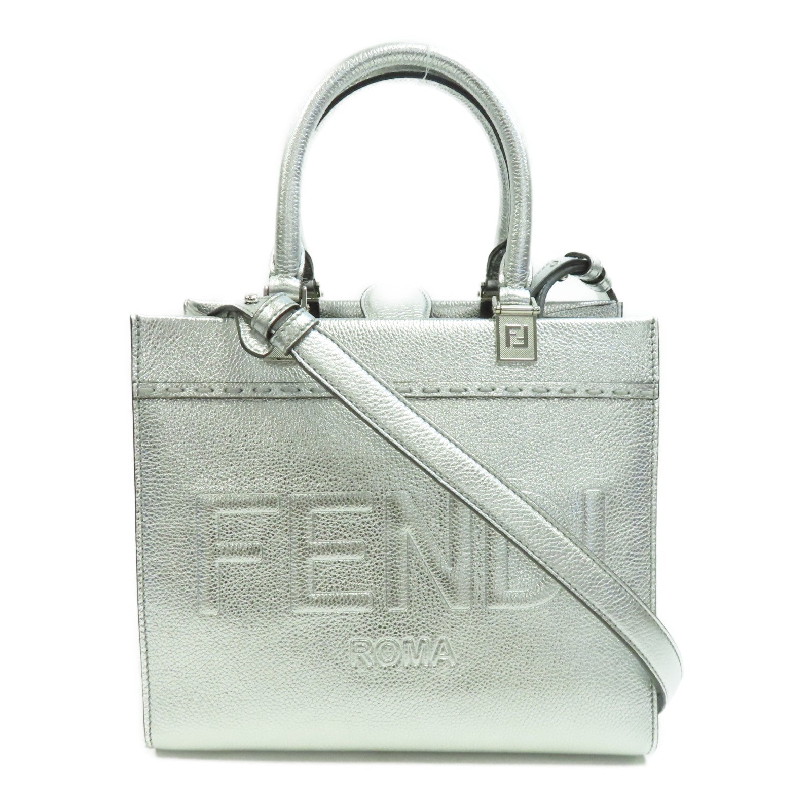 FENDI 牛皮皮革SunShine Small銀扣手挽肩背兩用袋銀色