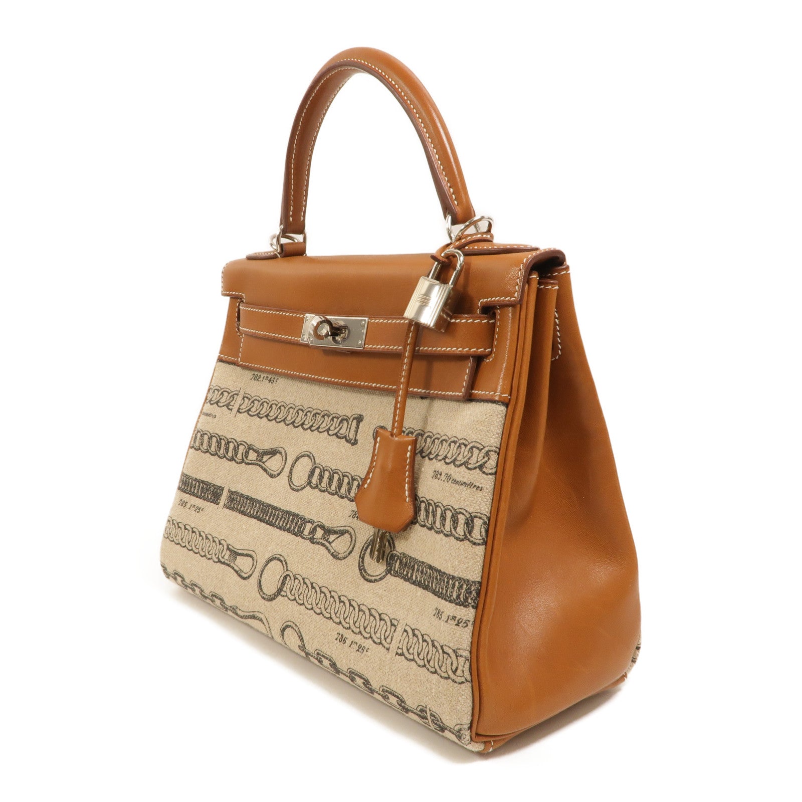 HERMES Toile帆布/Barenia皮革Kelly 28手挽肩背兩用袋Fauve