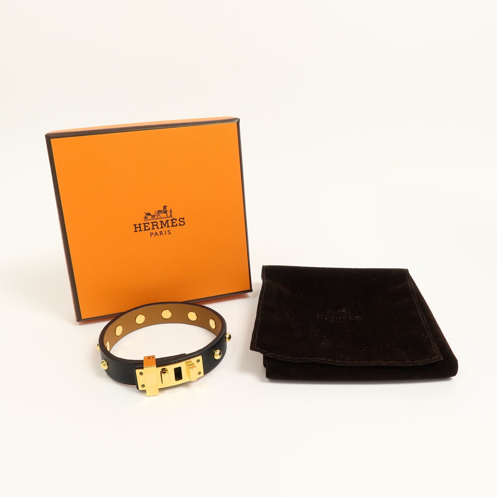 HERMES 金屬/Swift皮革Mini Dog Clous Ronds Bracelet手鐲89 Noir