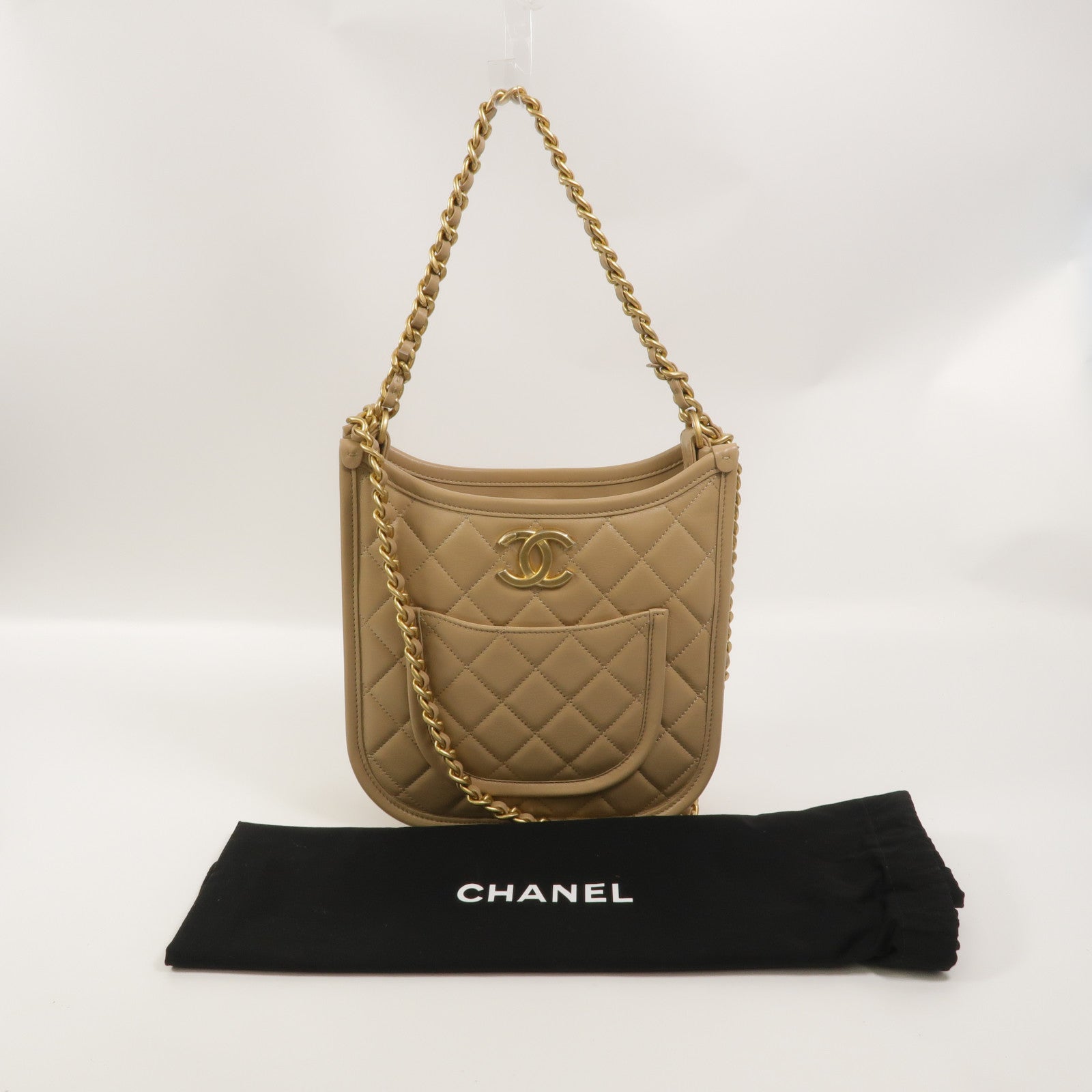 CHANEL 牛皮皮革Hobo Bag鏈帶手挽肩背兩用袋