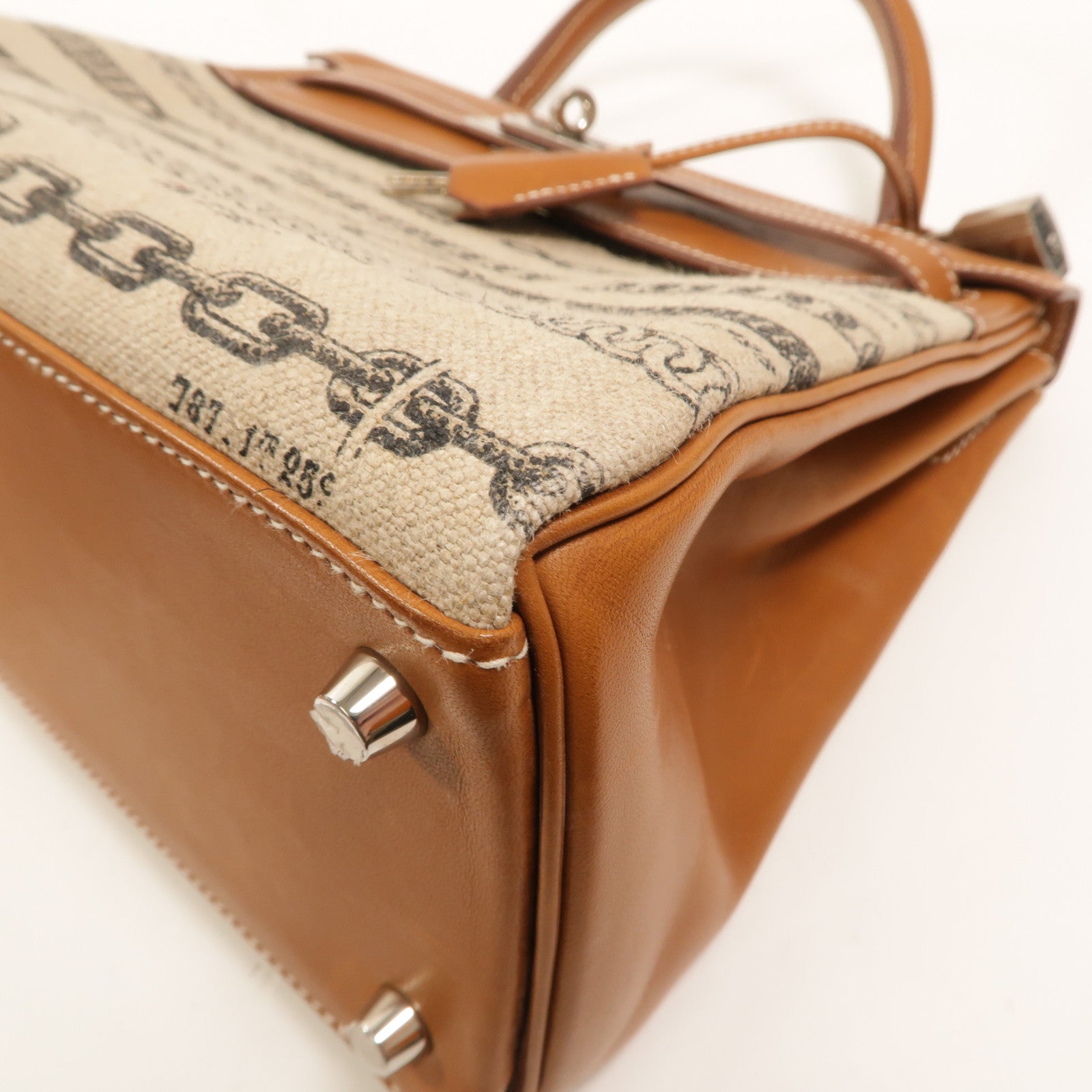HERMES Toile帆布/Barenia皮革Kelly 28手挽肩背兩用袋Fauve