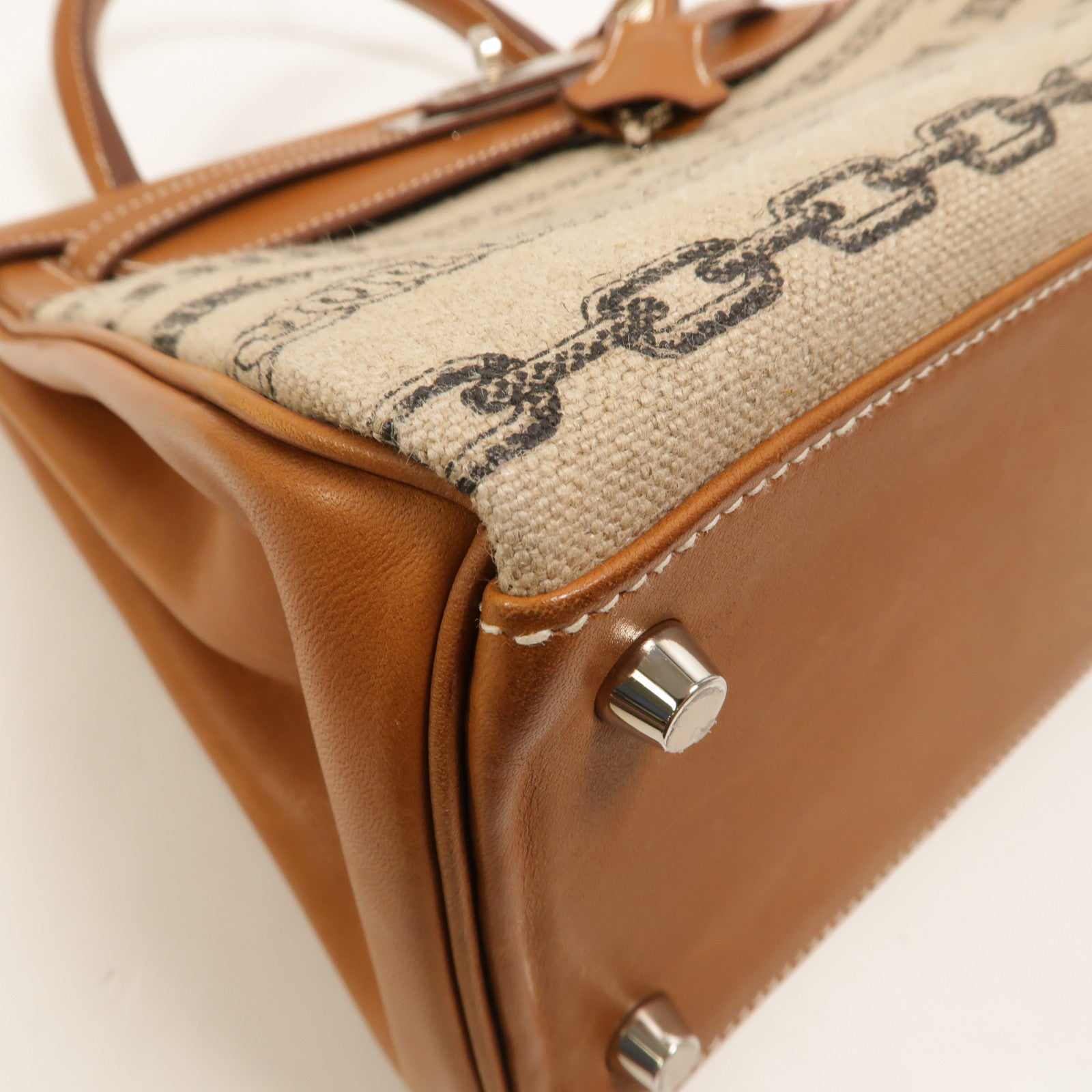 HERMES Toile帆布/Barenia皮革Kelly 28手挽肩背兩用袋Fauve