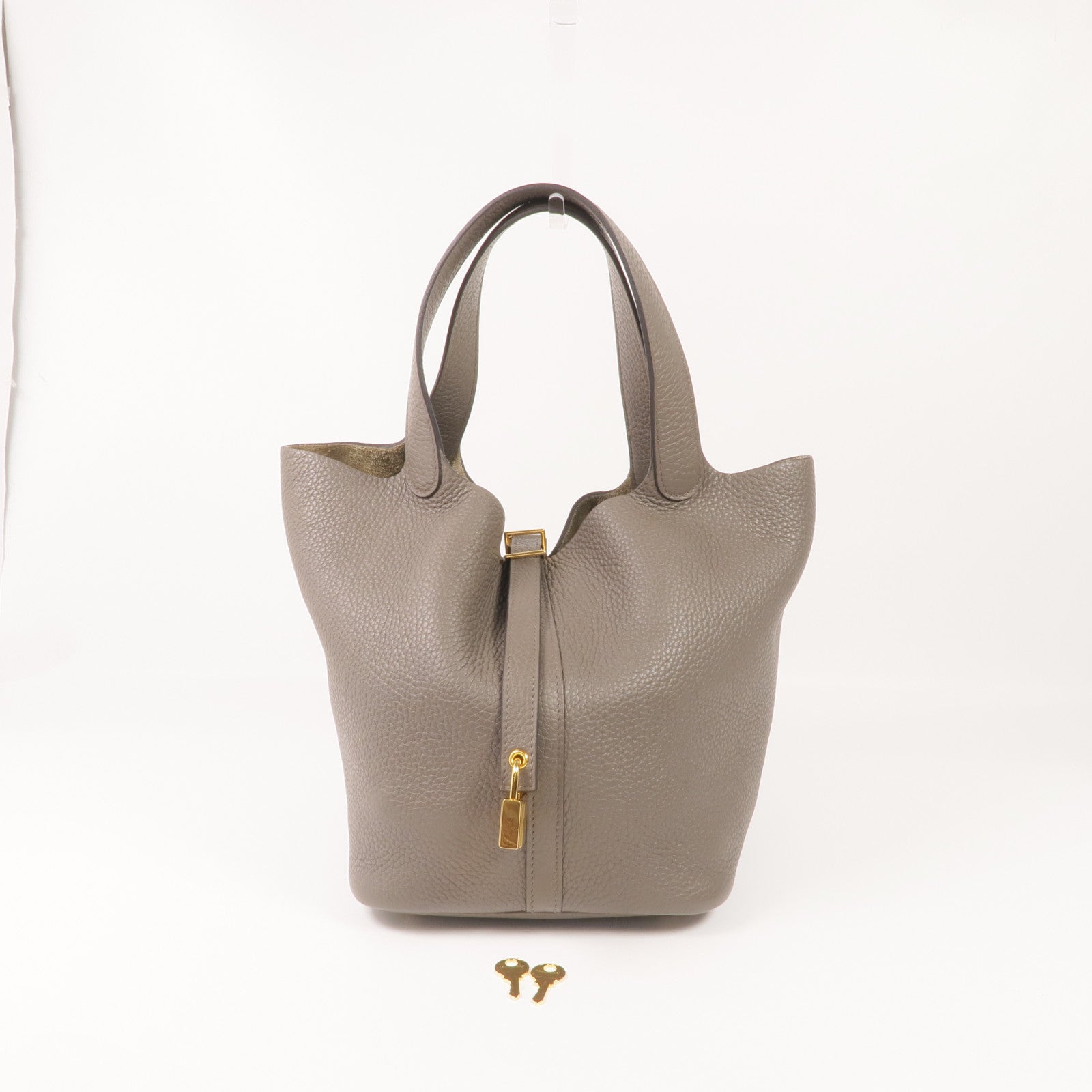 HERMES Clemence皮革Picotin MM金扣手挽袋Gris Etain