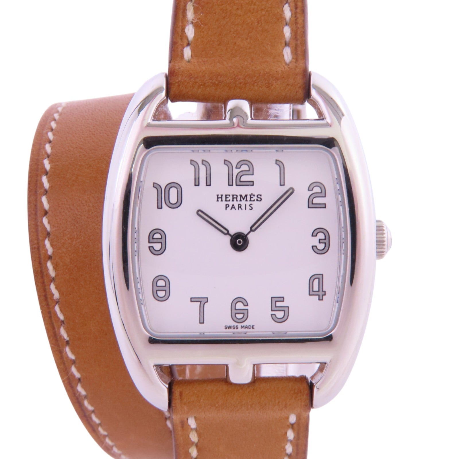 HERMES PHW Capecod CT1.210 Quartz Watch Calfskin Leather Stainless Steel White