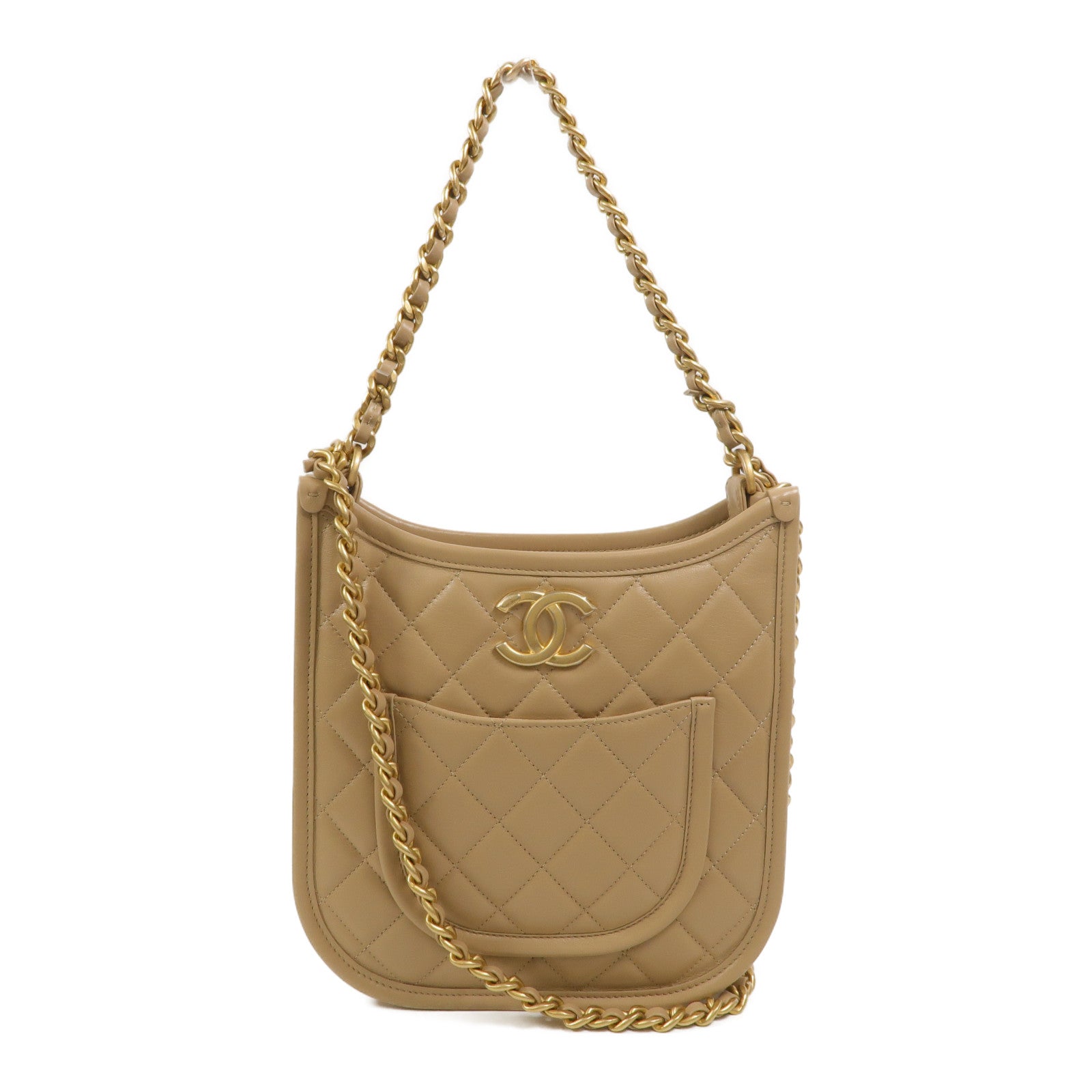 CHANEL 牛皮皮革Hobo Bag鏈帶手挽肩背兩用袋