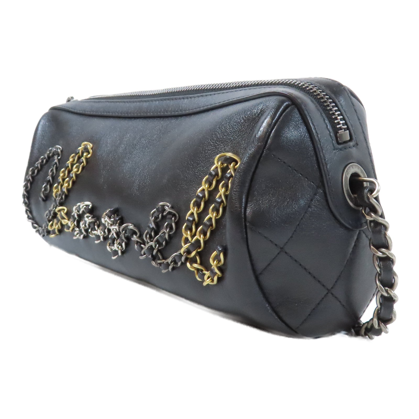 CHANEL 【激減優惠】牛皮皮革Bowling Bag銀扣鏈帶肩背袋黑色