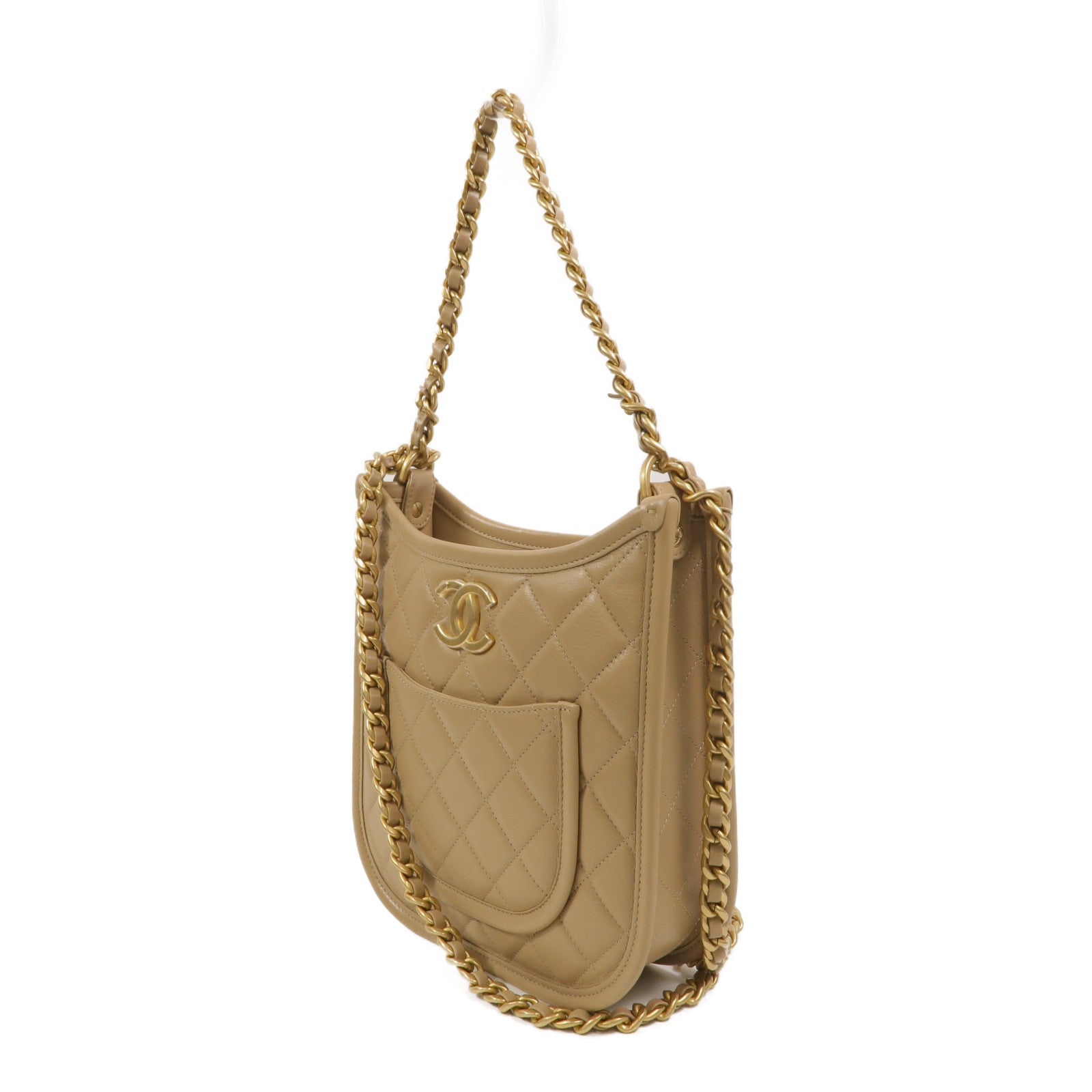 CHANEL 牛皮皮革Hobo Bag鏈帶手挽肩背兩用袋