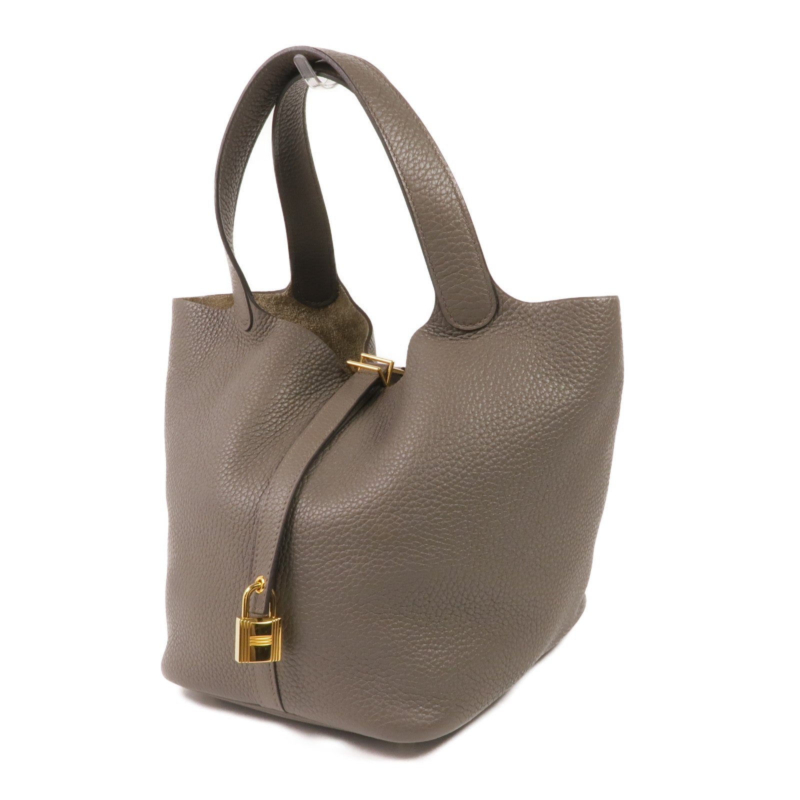 HERMES Clemence皮革Picotin MM金扣手挽袋Gris Etain