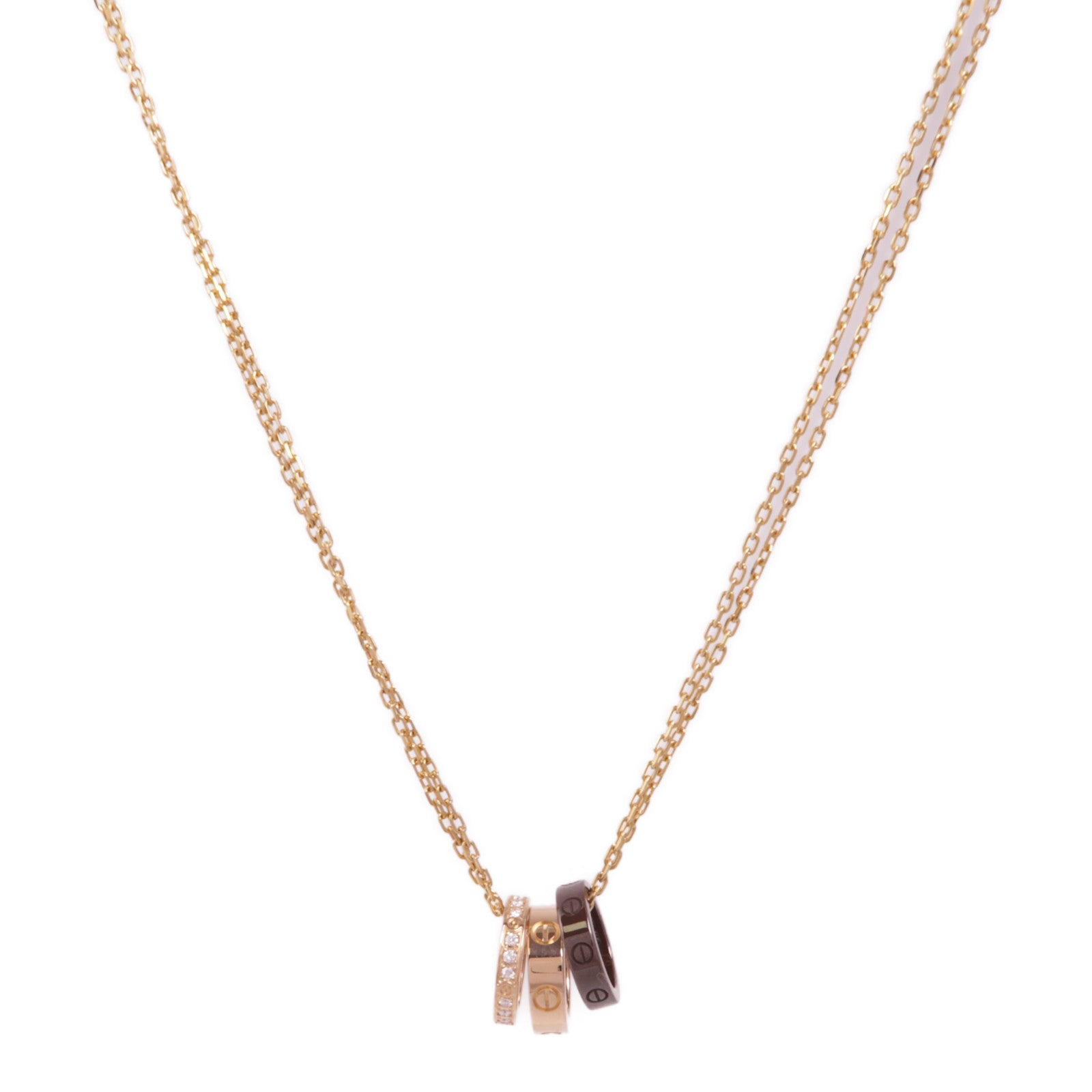 CARTIER 18K玫瑰金Love Three Hoop Necklace陶瓷/鑽石項鍊