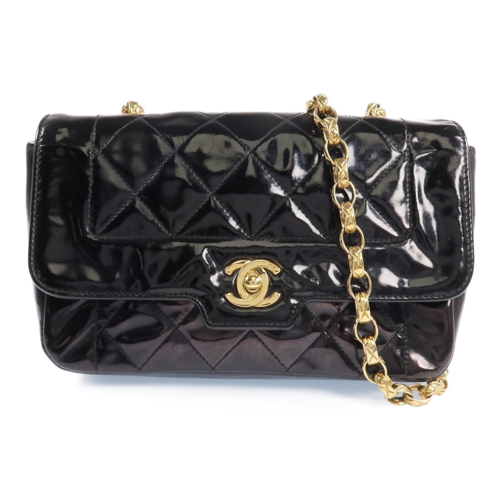 CHANEL 漆皮皮革Vintage Chain Sholder Bag金扣鏈帶肩背袋