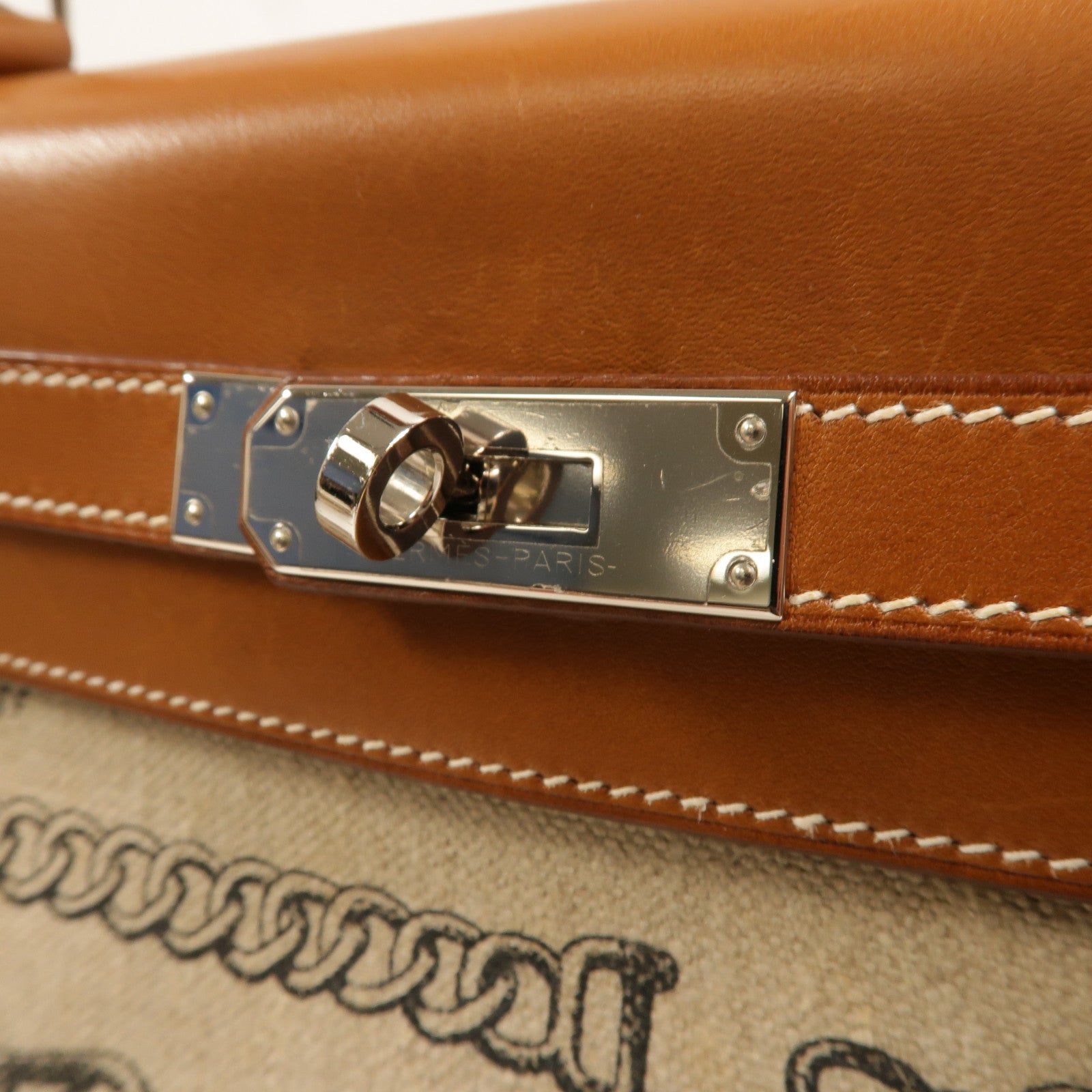 HERMES Toile帆布/Barenia皮革Kelly 28手挽肩背兩用袋Fauve