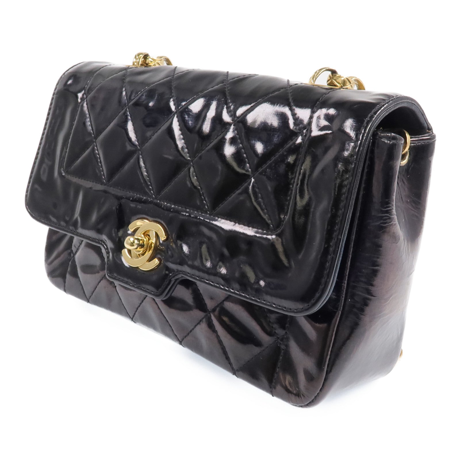 CHANEL 漆皮皮革Vintage Chain Sholder Bag金扣鏈帶肩背袋