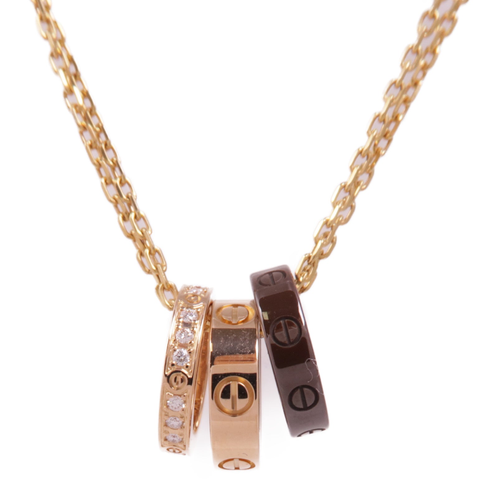 CARTIER 18K玫瑰金Love Three Hoop Necklace陶瓷/鑽石項鍊