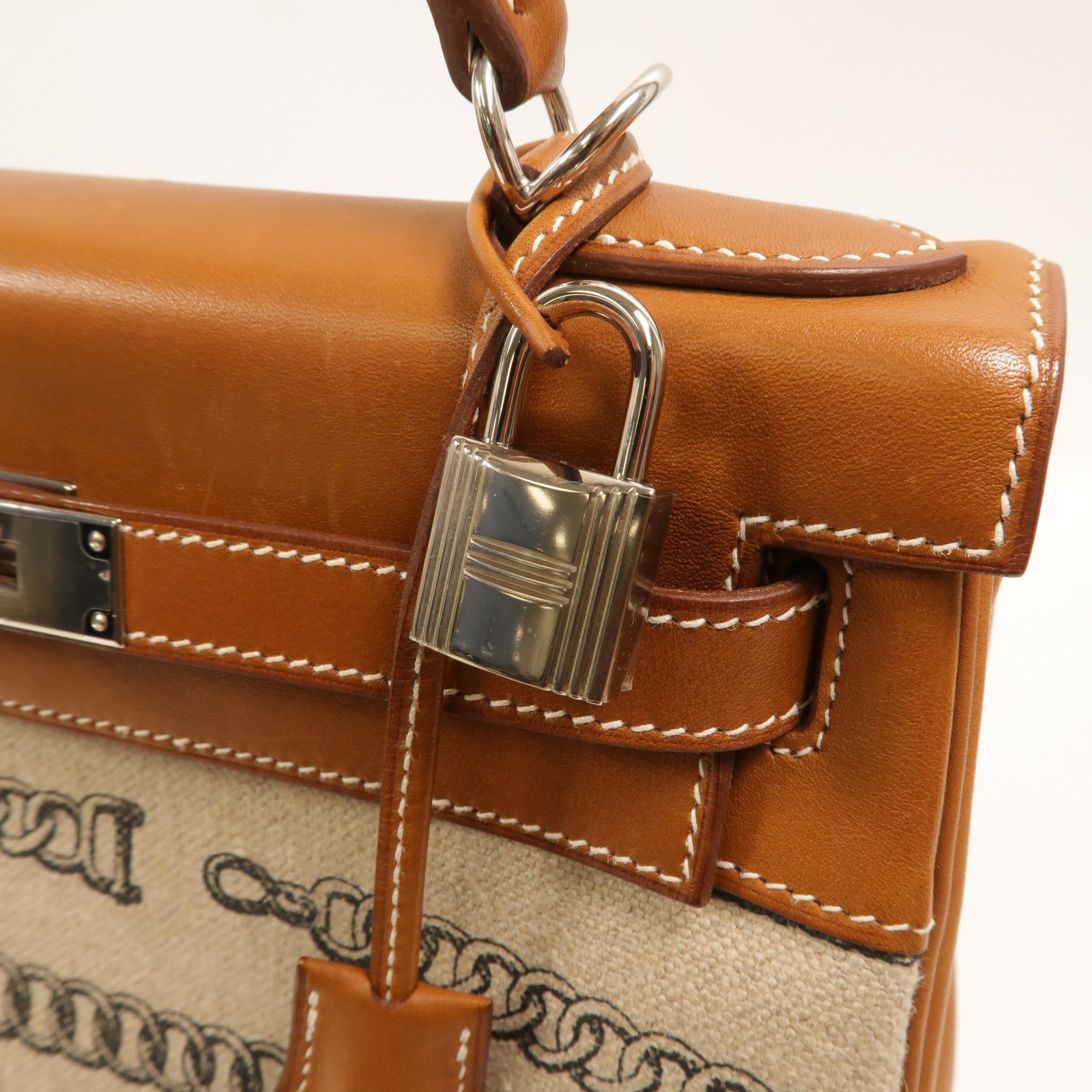 HERMES Toile帆布/Barenia皮革Kelly 28手挽肩背兩用袋Fauve