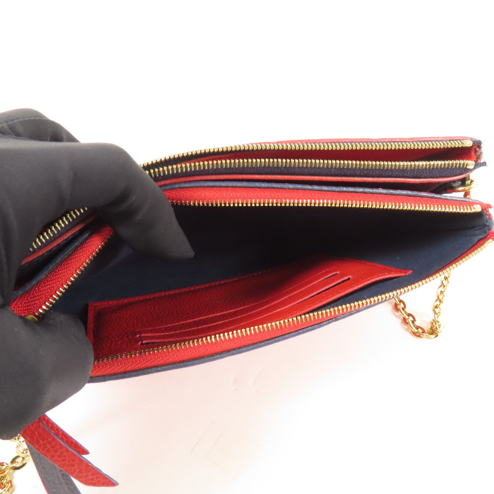 LOUIS VUITTON Monogram Empreinte Pochette Double Zip金扣鏈帶肩背袋深藍色/紅色