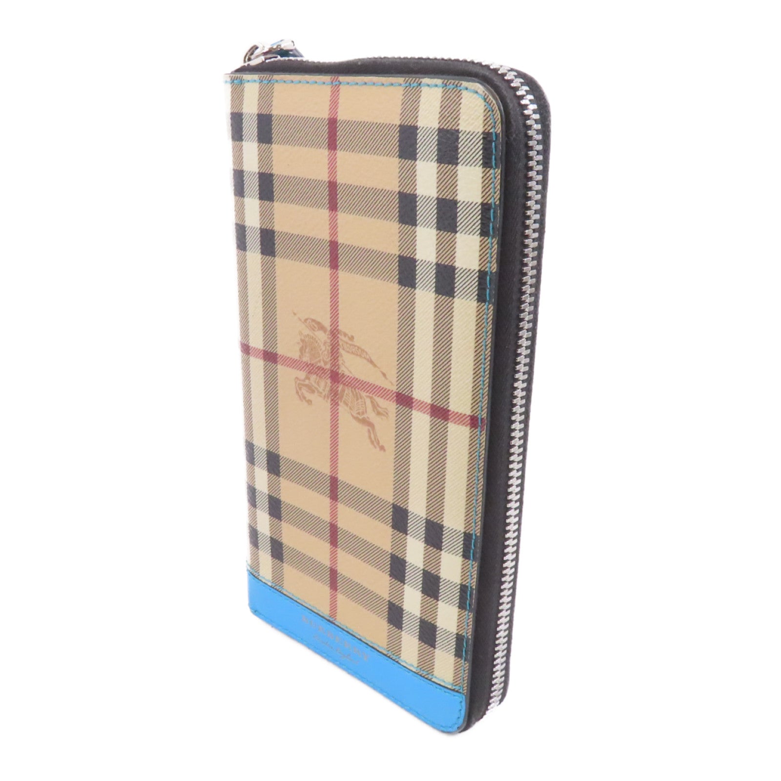 BURBERRY 塗層帆布Zipped Long Wallet銀扣長錢包米色/淺藍色
