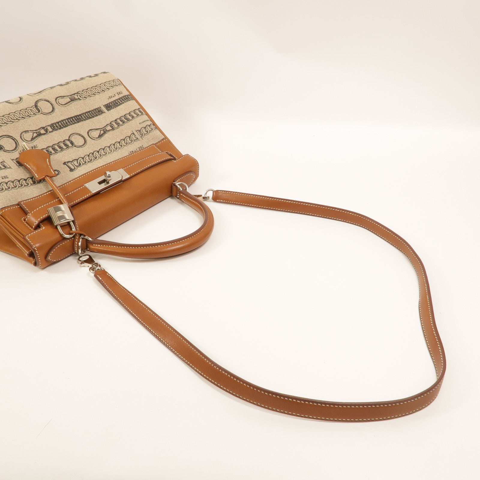 HERMES Toile帆布/Barenia皮革Kelly 28手挽肩背兩用袋Fauve