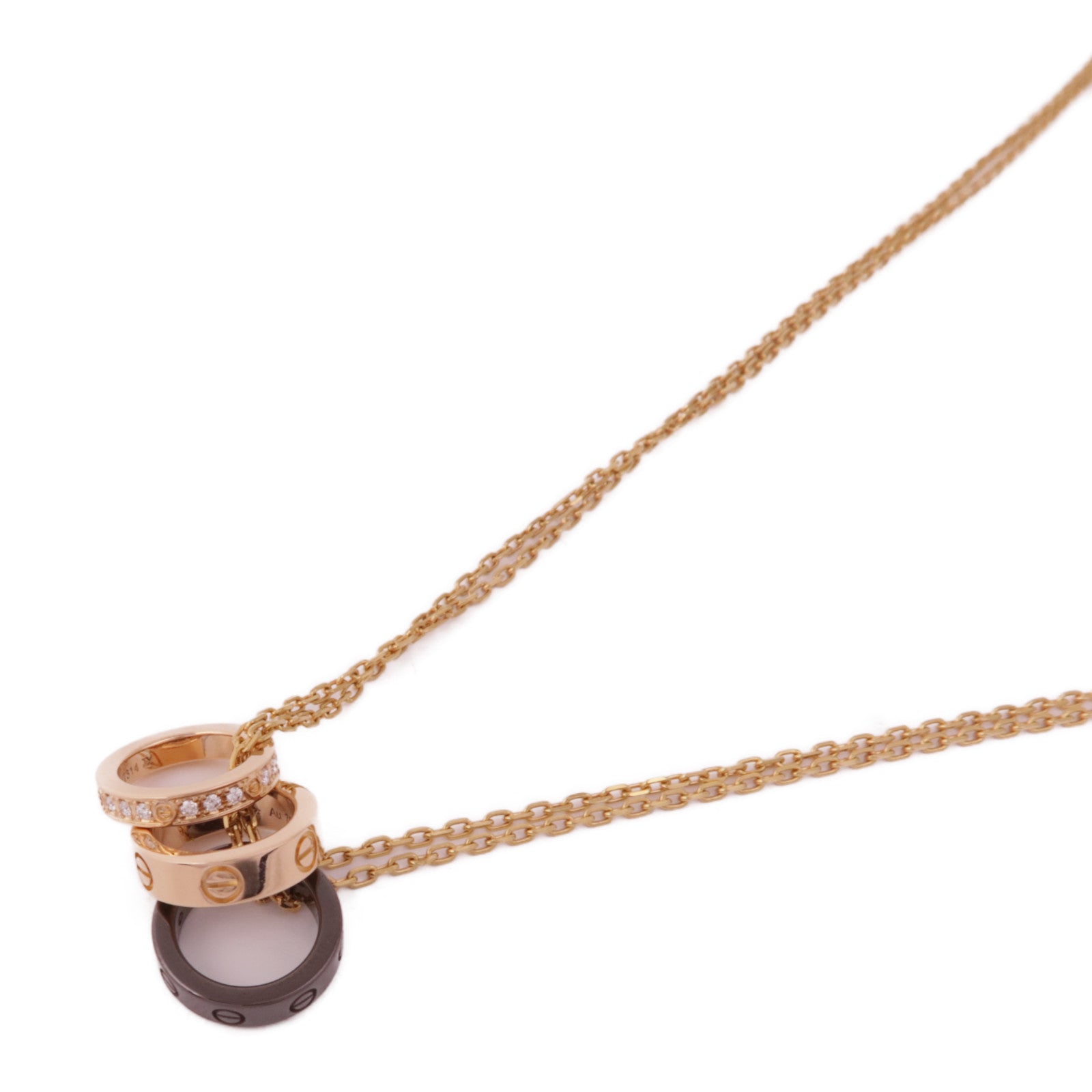 CARTIER 18K玫瑰金Love Three Hoop Necklace陶瓷/鑽石項鍊