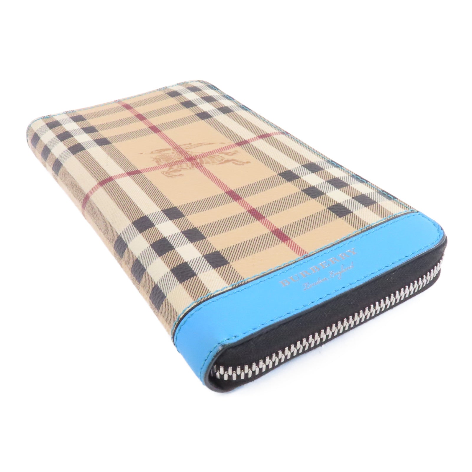 BURBERRY 塗層帆布Zipped Long Wallet銀扣長錢包米色/淺藍色