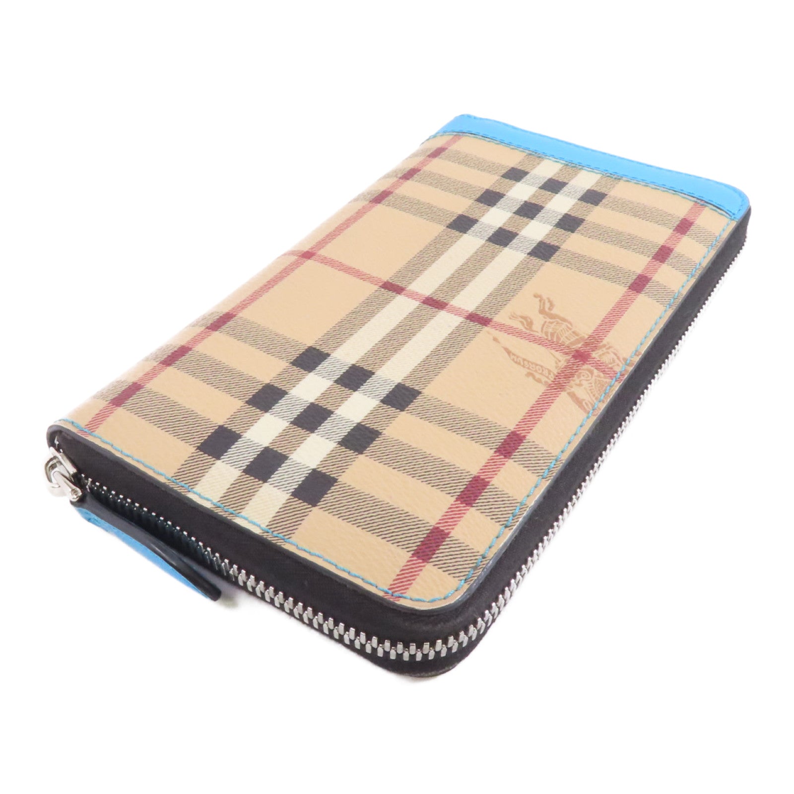 BURBERRY 塗層帆布Zipped Long Wallet銀扣長錢包米色/淺藍色