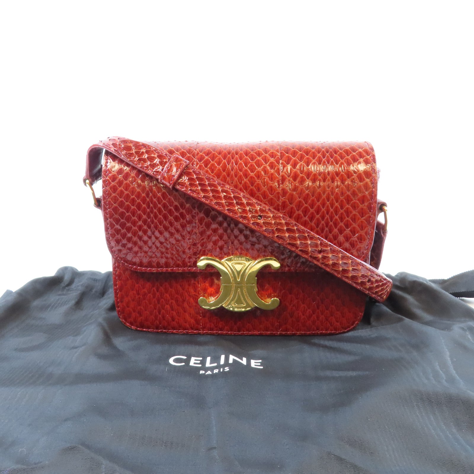 CELINE 蛇皮皮革Triomphe Shoulder Bag金扣肩背袋紅色