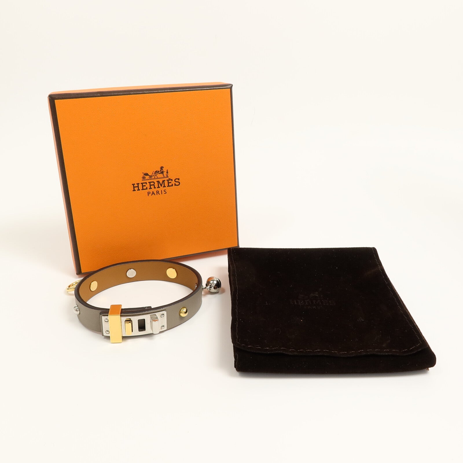 HERMES 金屬/Swift皮革Mini Dog Mix Bracelet手鐲Grey